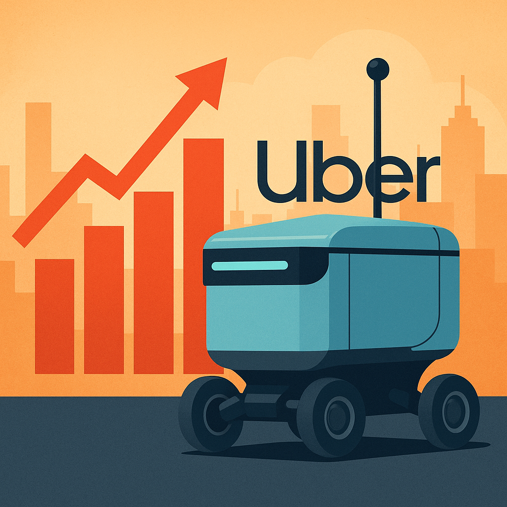Illustration of a delivery robot in front of a rising financial chart and the Uber logo, set against a cityscape.