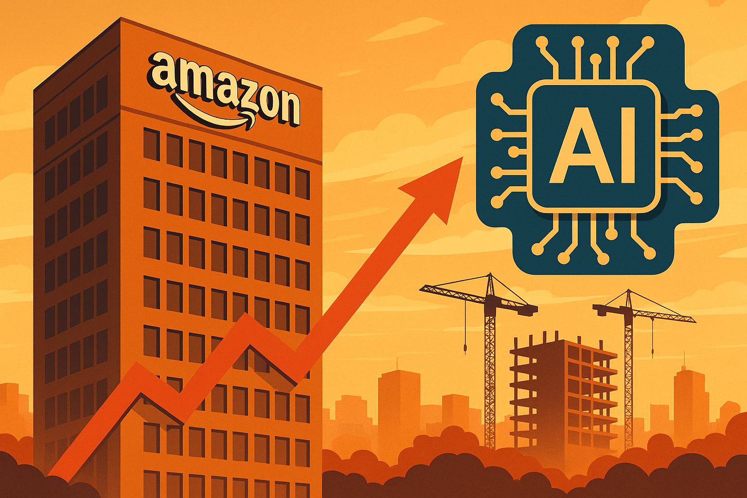 Illustration of an Amazon building, an AI chip, construction cranes, and a rising graph line symbolizing growth in AI and cloud infrastructure.
