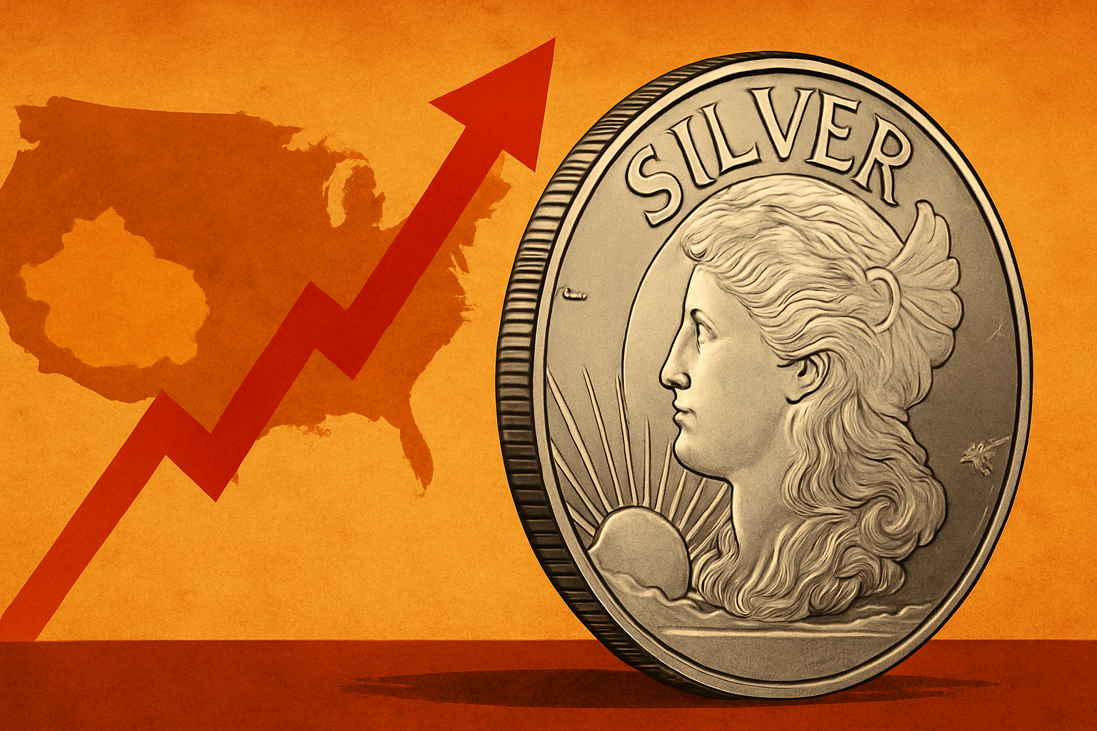 Illustration of a silver coin with a rising red arrow and a background map showing the U.S. and China.