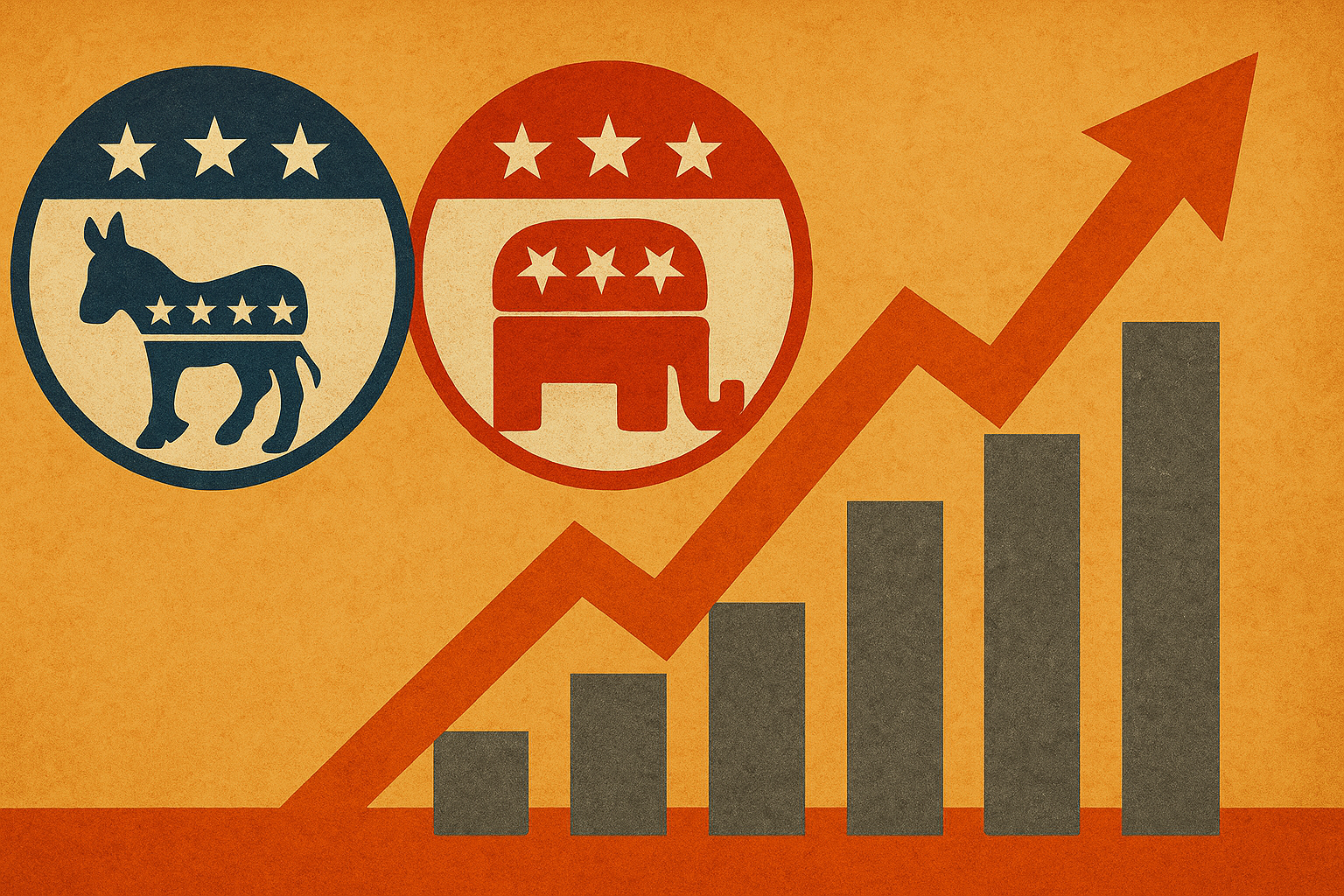 Illustration of Republican and Democratic party symbols beside a rising bar chart and arrow, symbolizing economic growth and market trends.