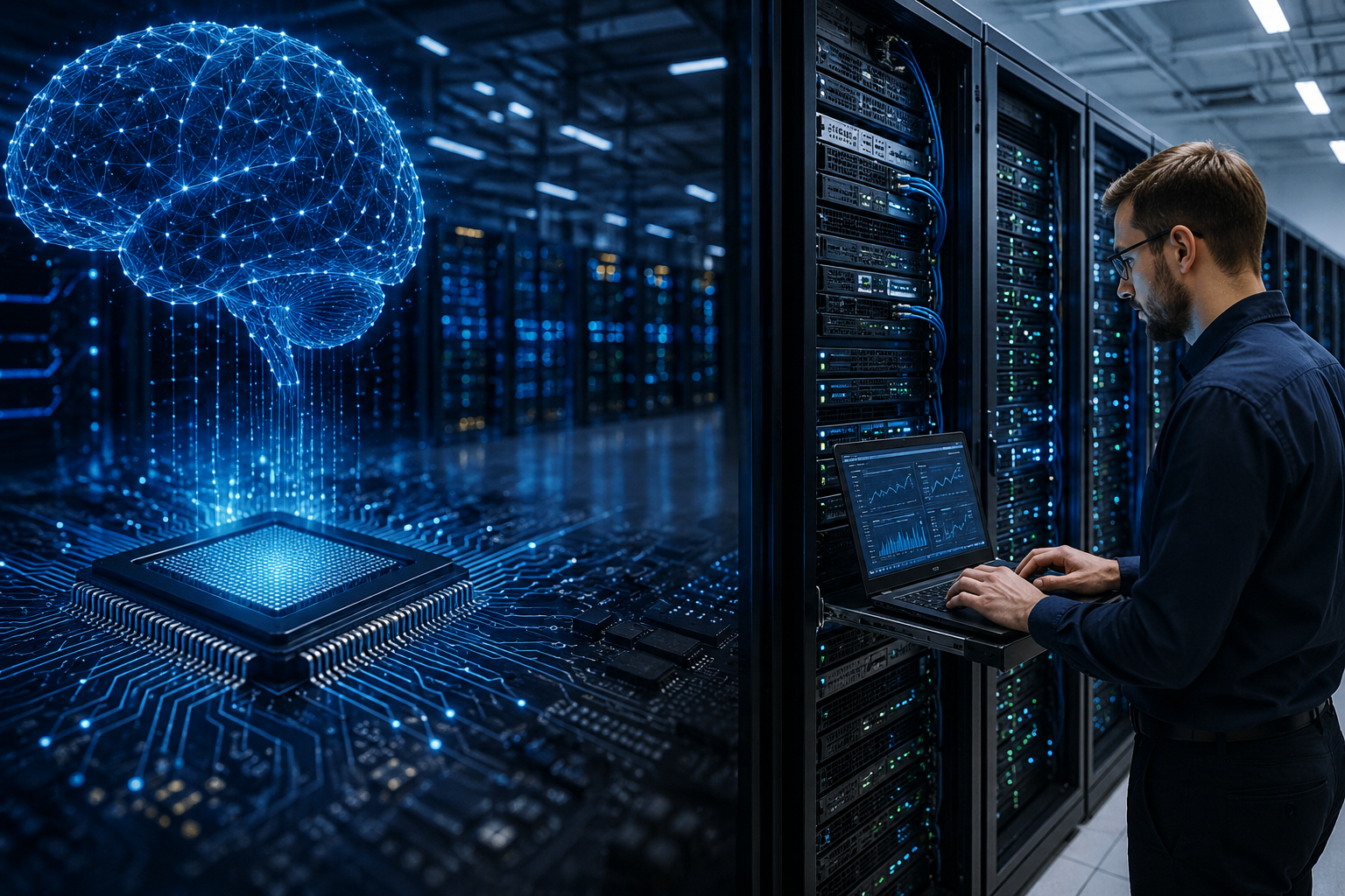 A technician works beside server racks as a glowing digital brain rises above a semiconductor chip in a modern data center.