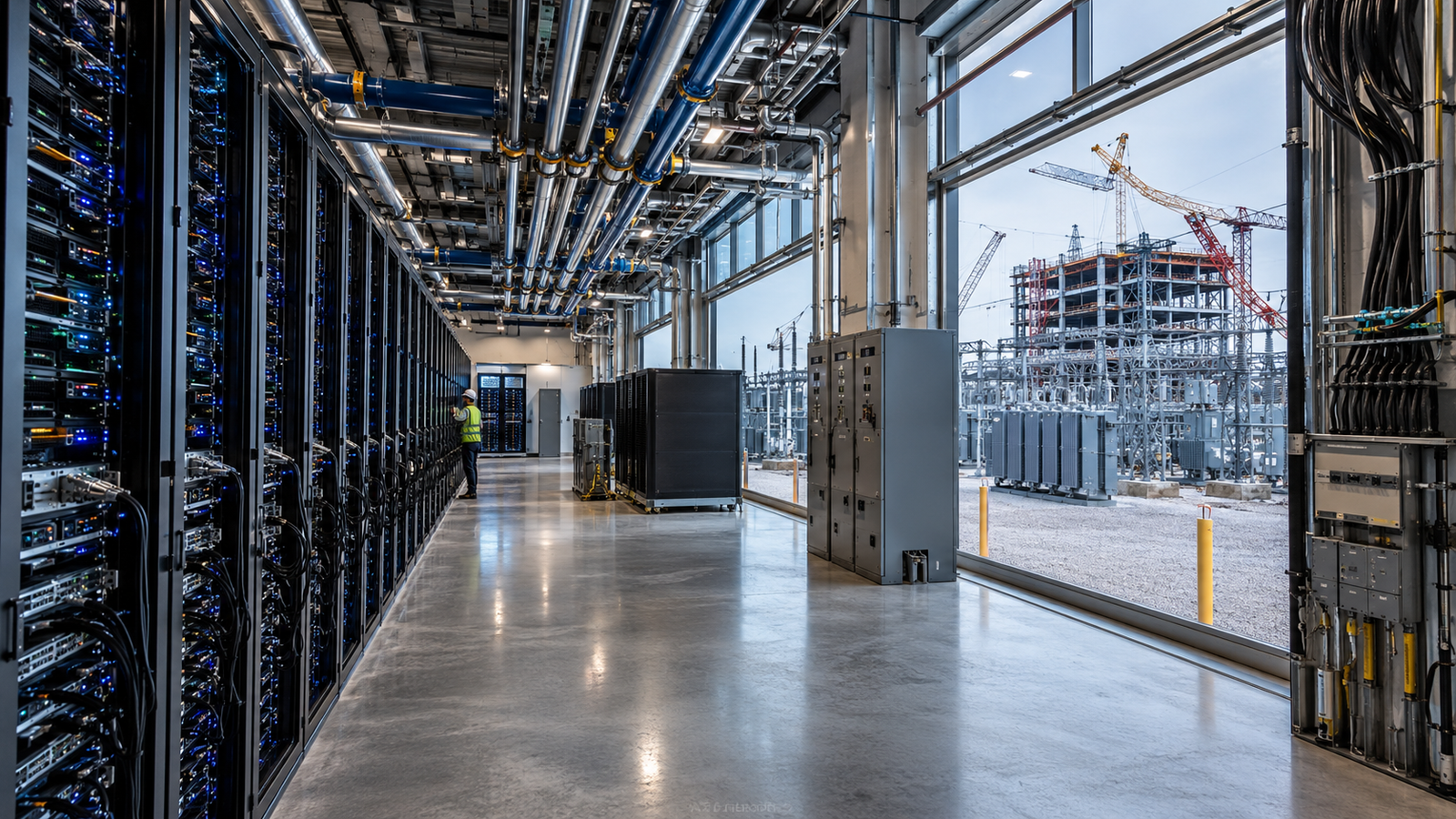 Rows of data center servers stand beside electrical systems and power infrastructure under construction outside.
