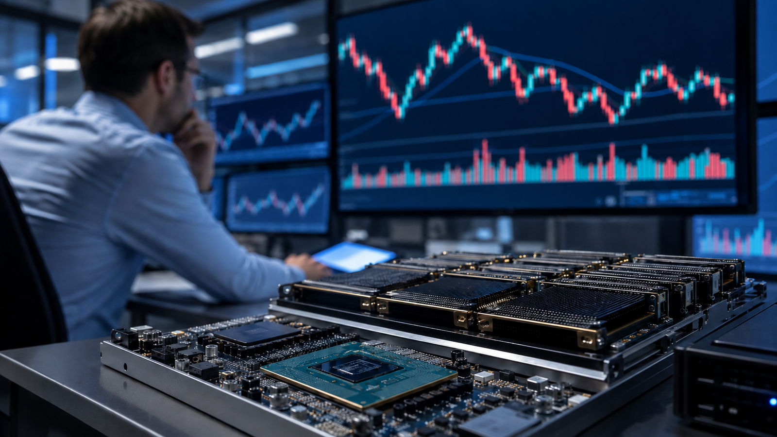 Semiconductor hardware sits in the foreground as an investor studies volatile market charts on large trading screens.