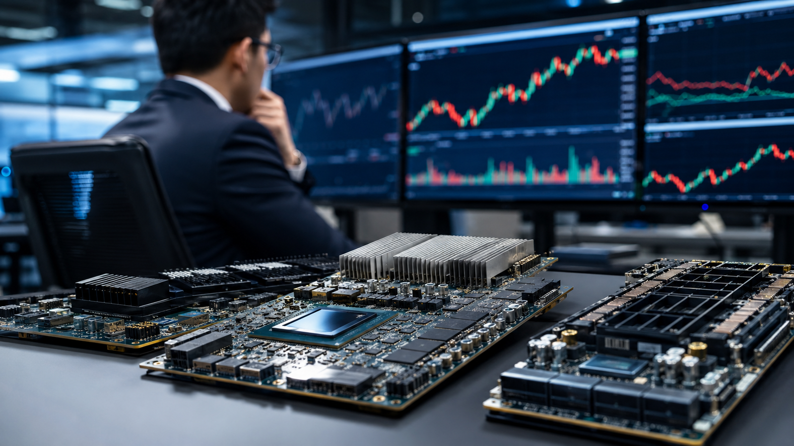 Advanced semiconductor boards sit on a trading desk while an investor studies volatile market charts on multiple screens.