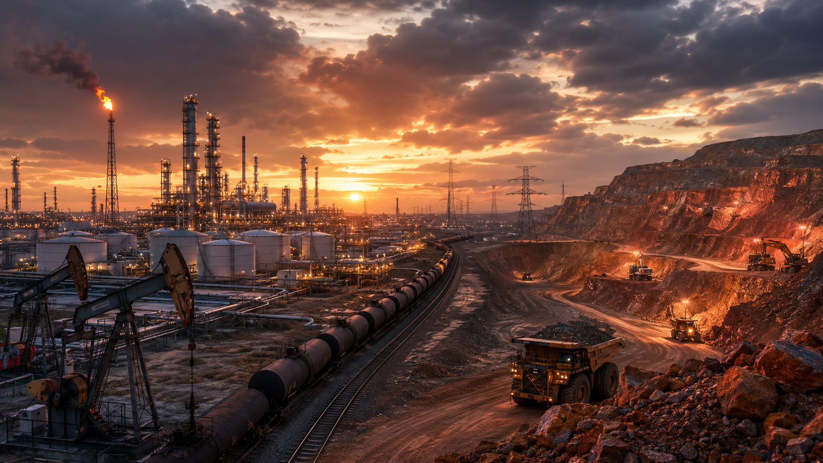 Oil pumps, refinery towers, power lines and an open-pit mine operate under a dramatic sunset sky.