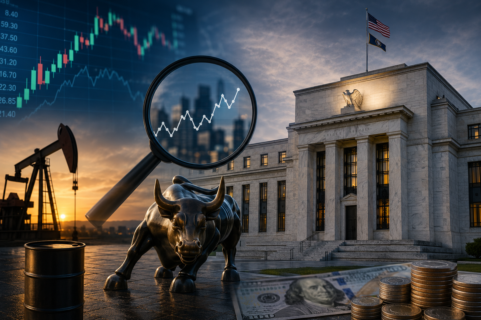 A Federal Reserve-style building, oil pump, bull statue, dollar bills and market charts symbolize interest-rate uncertainty and inflation risk.