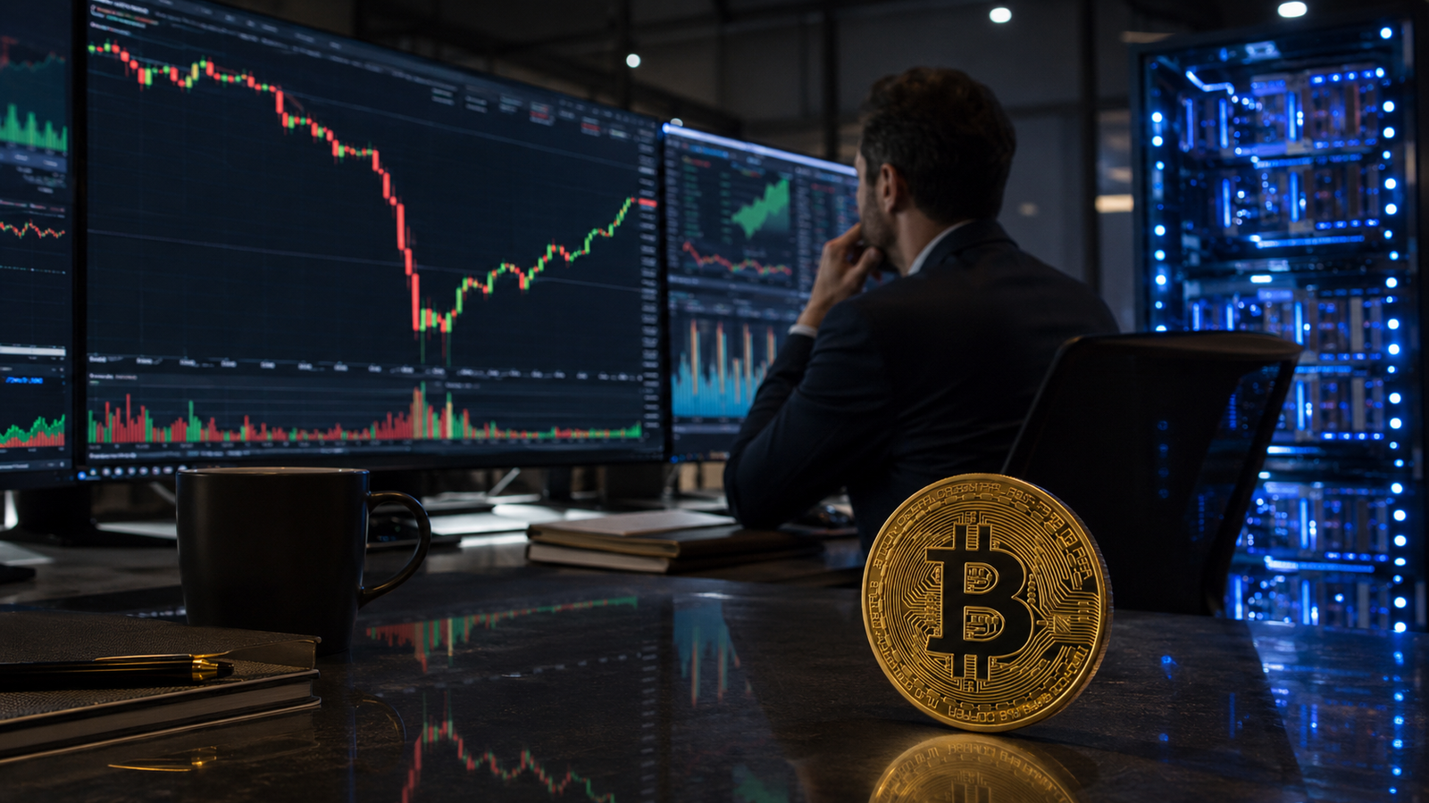 A gold Bitcoin coin sits on a trading desk while an investor studies volatile crypto market charts beside blue-lit server racks.
