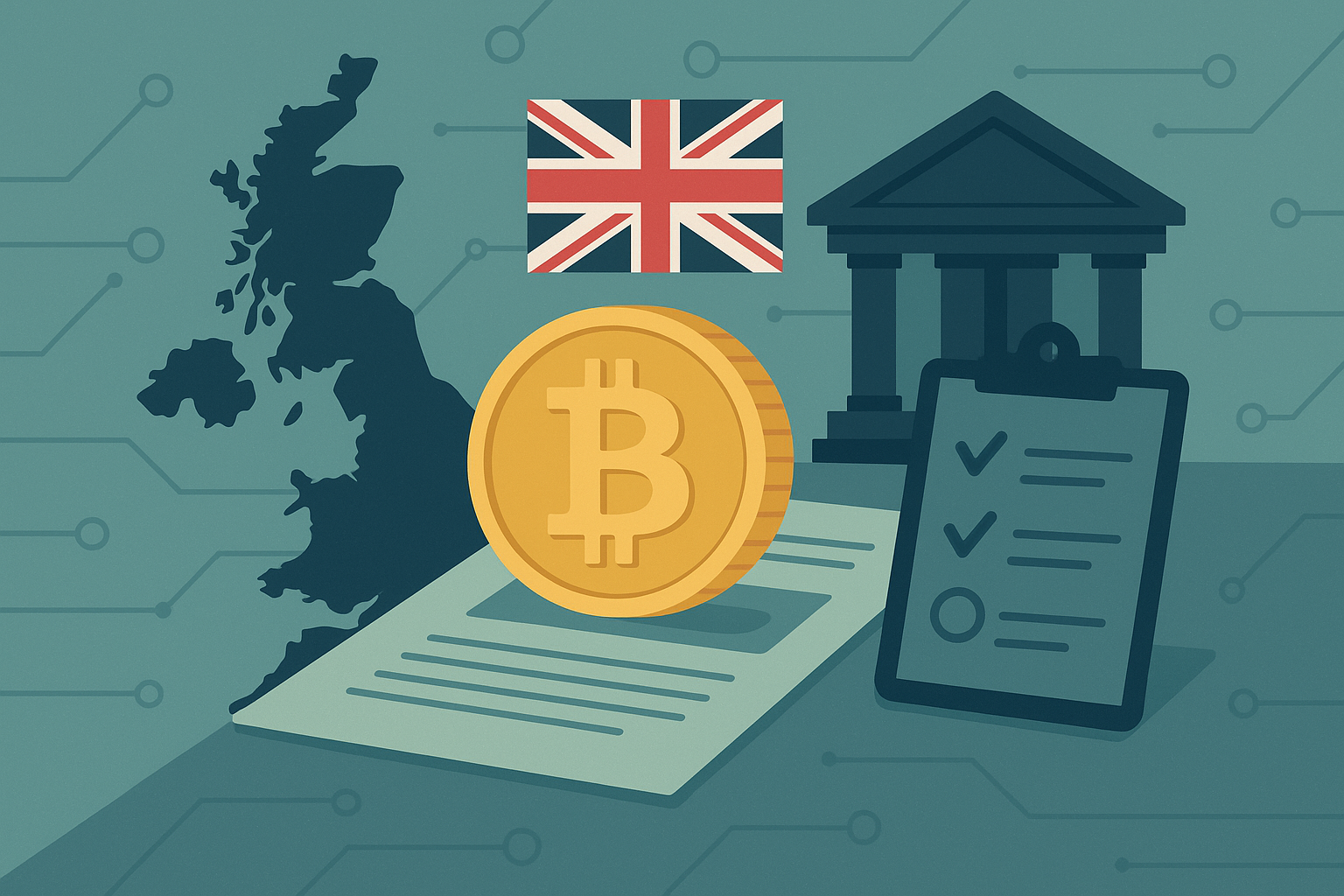 Illustrated image featuring a golden Bitcoin on a document, UK map, Union Jack flag, government building, and checklist clipboard symbolizing the UK's regulatory review of crypto ETNs.