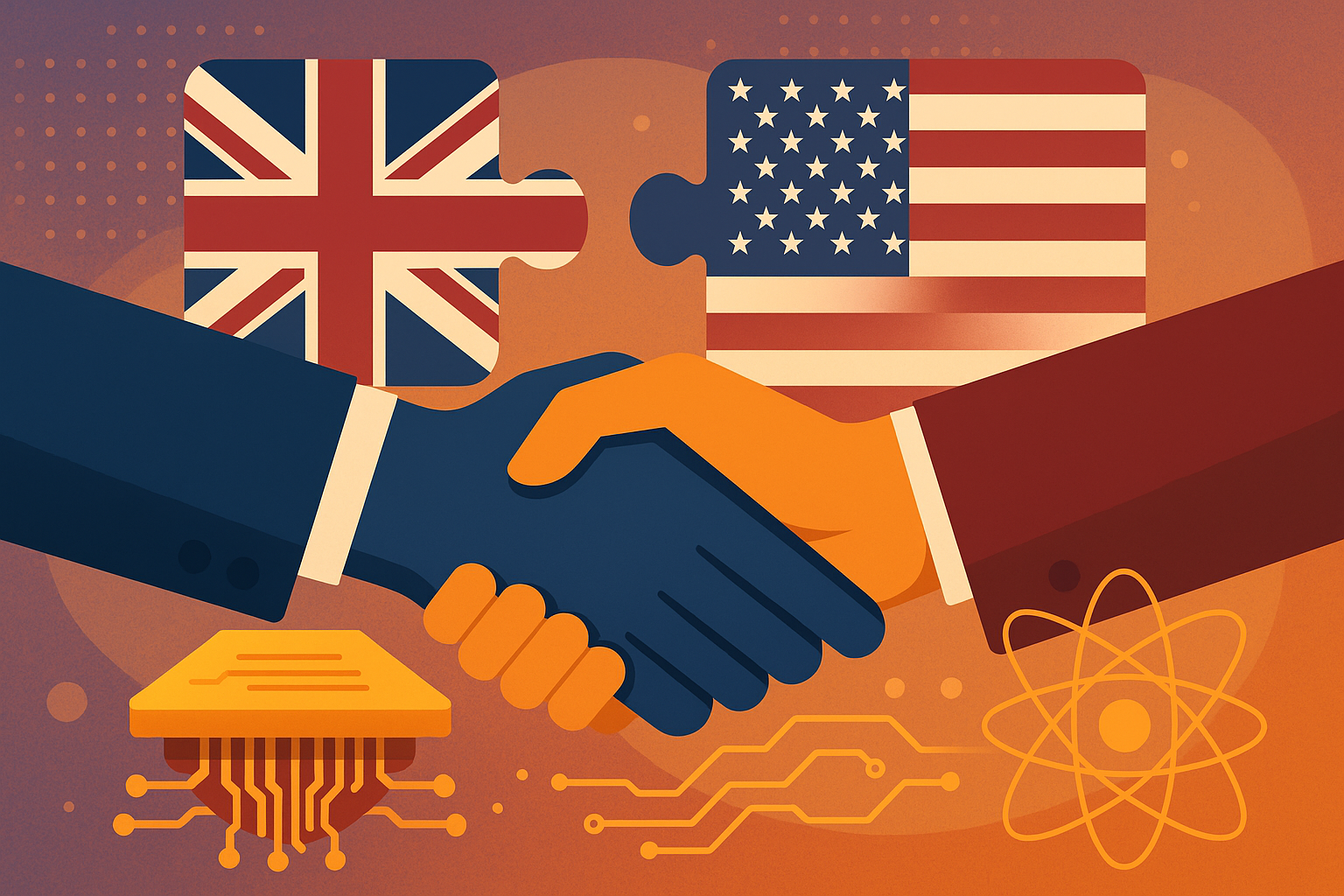 Illustration of two hands shaking—one blue, one orange—symbolizing the IonQ-Oxford Ionics acquisition, with UK and U.S. flags in puzzle-piece shapes, a golden quantum chip, and atomic iconography in the background.