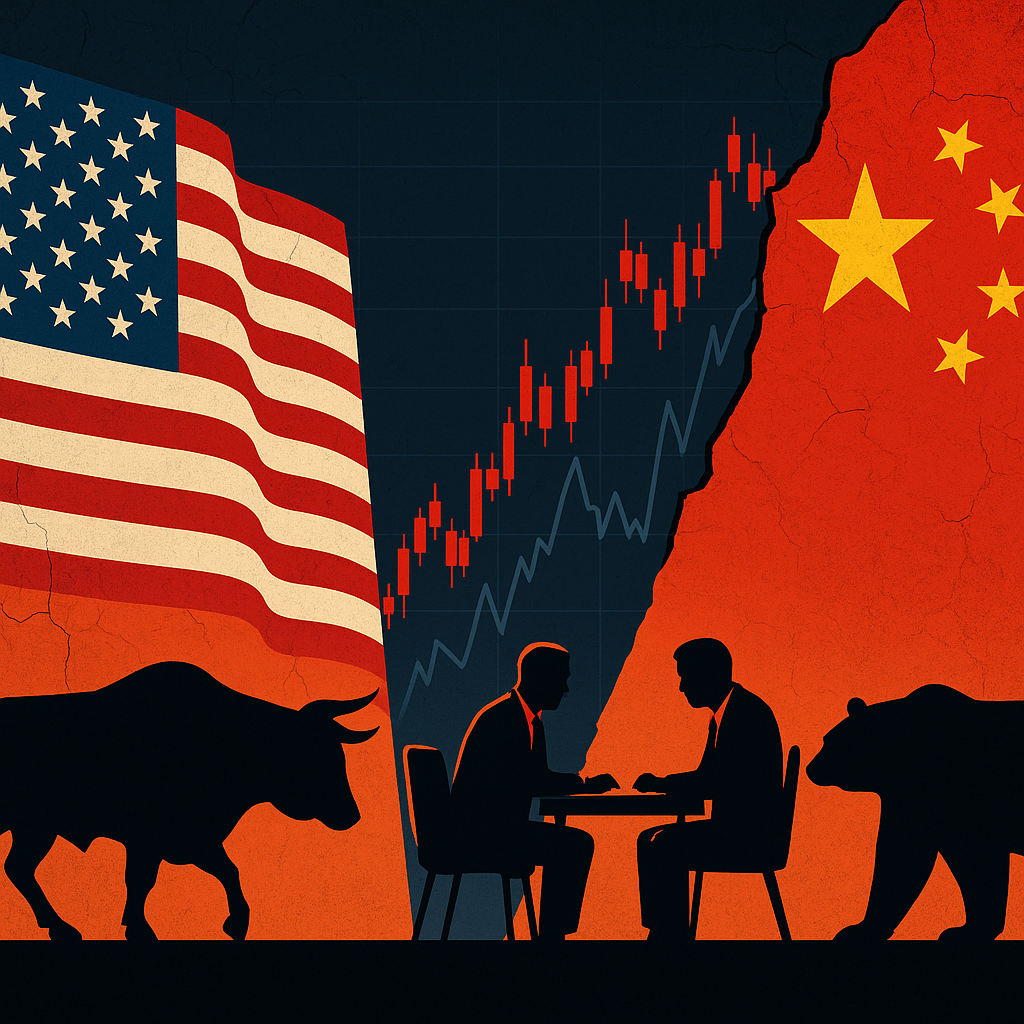 Illustration of U.S. and China flags divided by a stock chart, with silhouettes of diplomats negotiating at a table flanked by bull and bear figures.