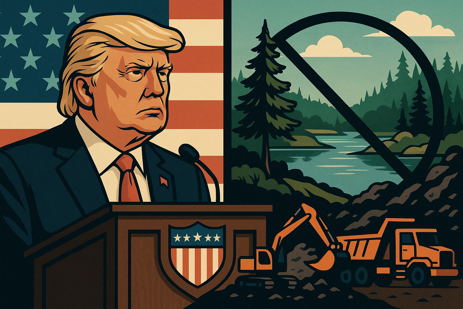 Illustration showing former President Donald Trump at a podium with an American flag backdrop on the left, and a pristine forest and lake disrupted by mining equipment on the right, symbolized with a prohibition mark over the wilderness.