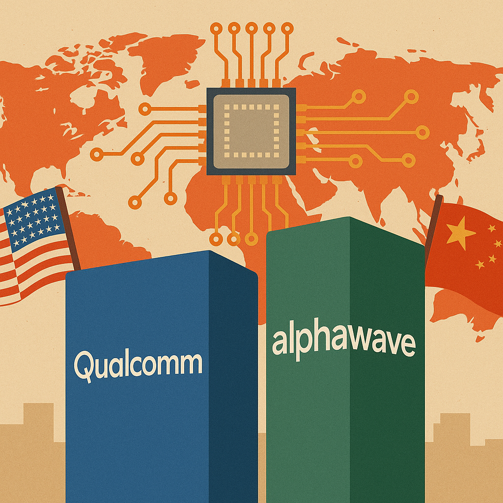Illustration of Qualcomm and Alphawave buildings with U.S. and Chinese flags, a world map in the background, and a microchip connecting global data lines.