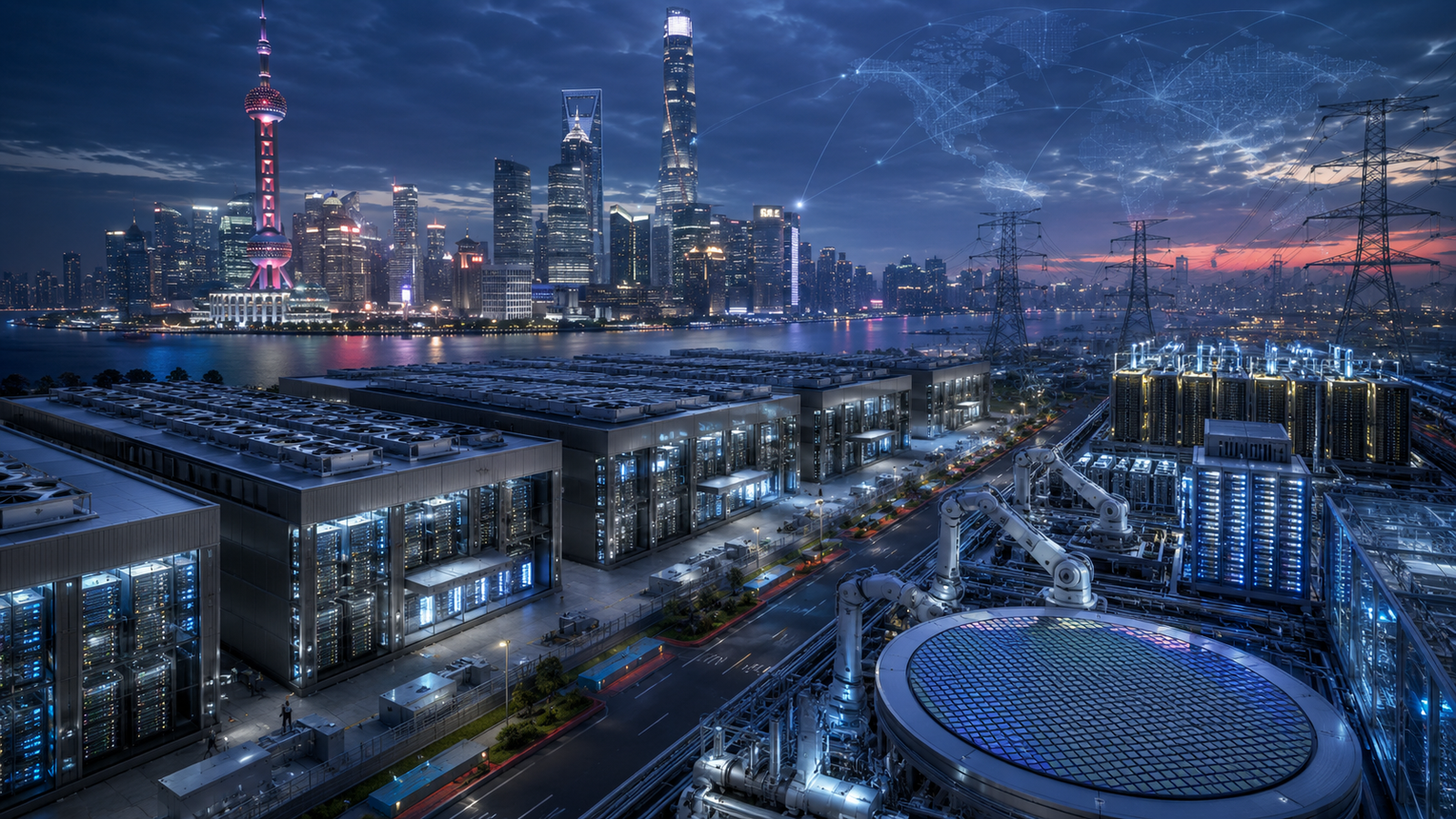 A Chinese megacity skyline rises behind illuminated data centers, power lines, robotic arms, and a semiconductor wafer at dusk.