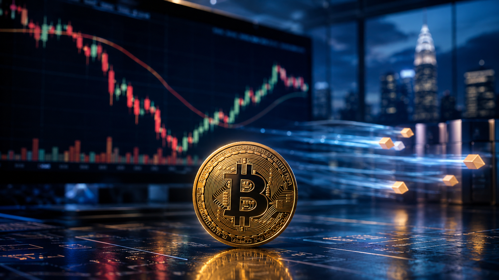 A gold Bitcoin coin stands on a reflective trading desk before blurred market charts showing a selloff and rebound.