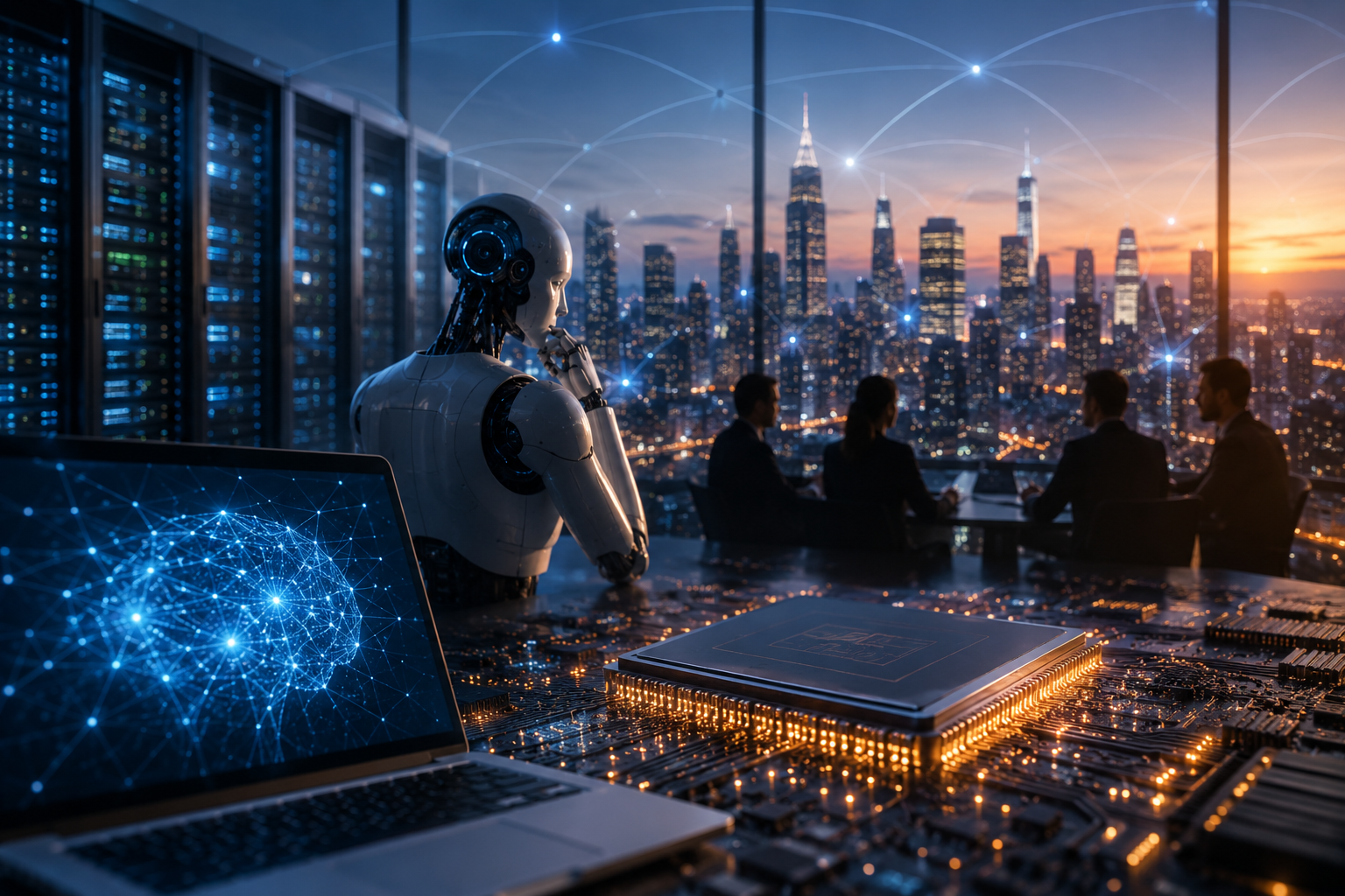 A humanoid AI figure faces a financial skyline beside glowing data servers, circuit boards, and silhouetted business executives.