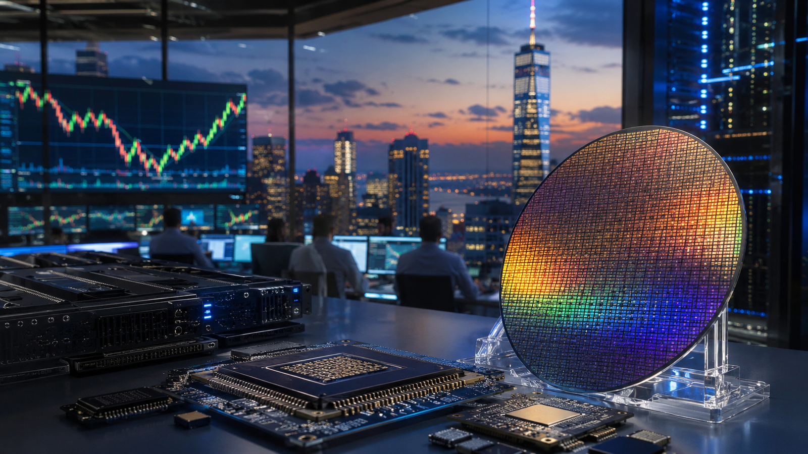 A semiconductor wafer and AI chip components sit inside a trading office overlooking Wall Street as market screens show a recovery.