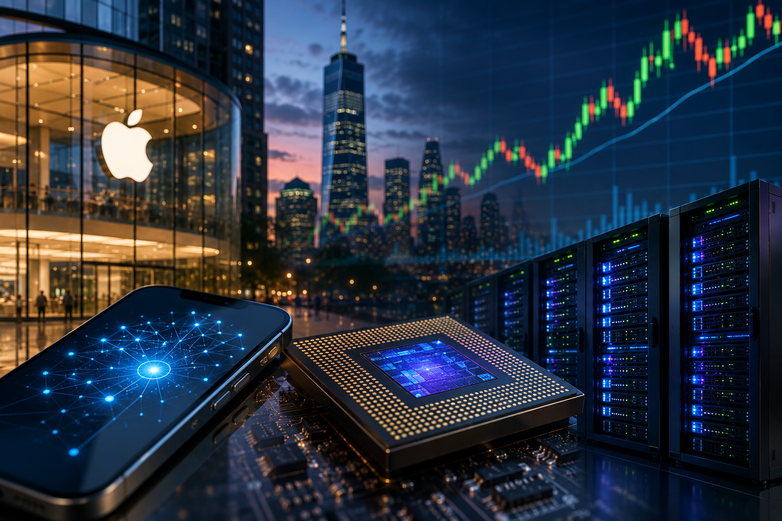 A smartphone with an abstract AI network sits beside a semiconductor chip, server racks, and a major tech storefront as market charts rise over a city skyline.