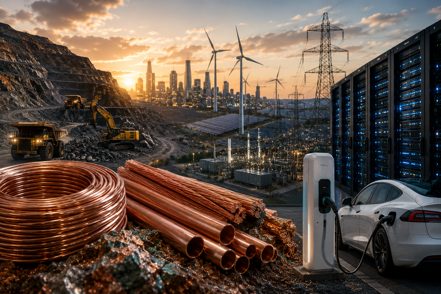 Copper coils and pipes sit before a mine, data center, electric vehicle charger, power grid, wind turbines, and solar panels at sunset.