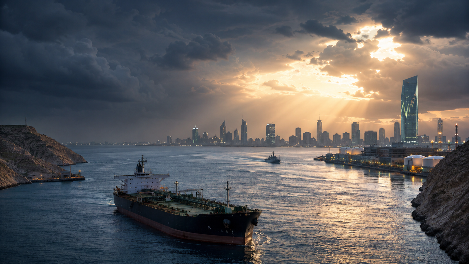 An oil tanker moves through a Middle Eastern waterway toward a modern skyline as storm clouds break into sunlight.