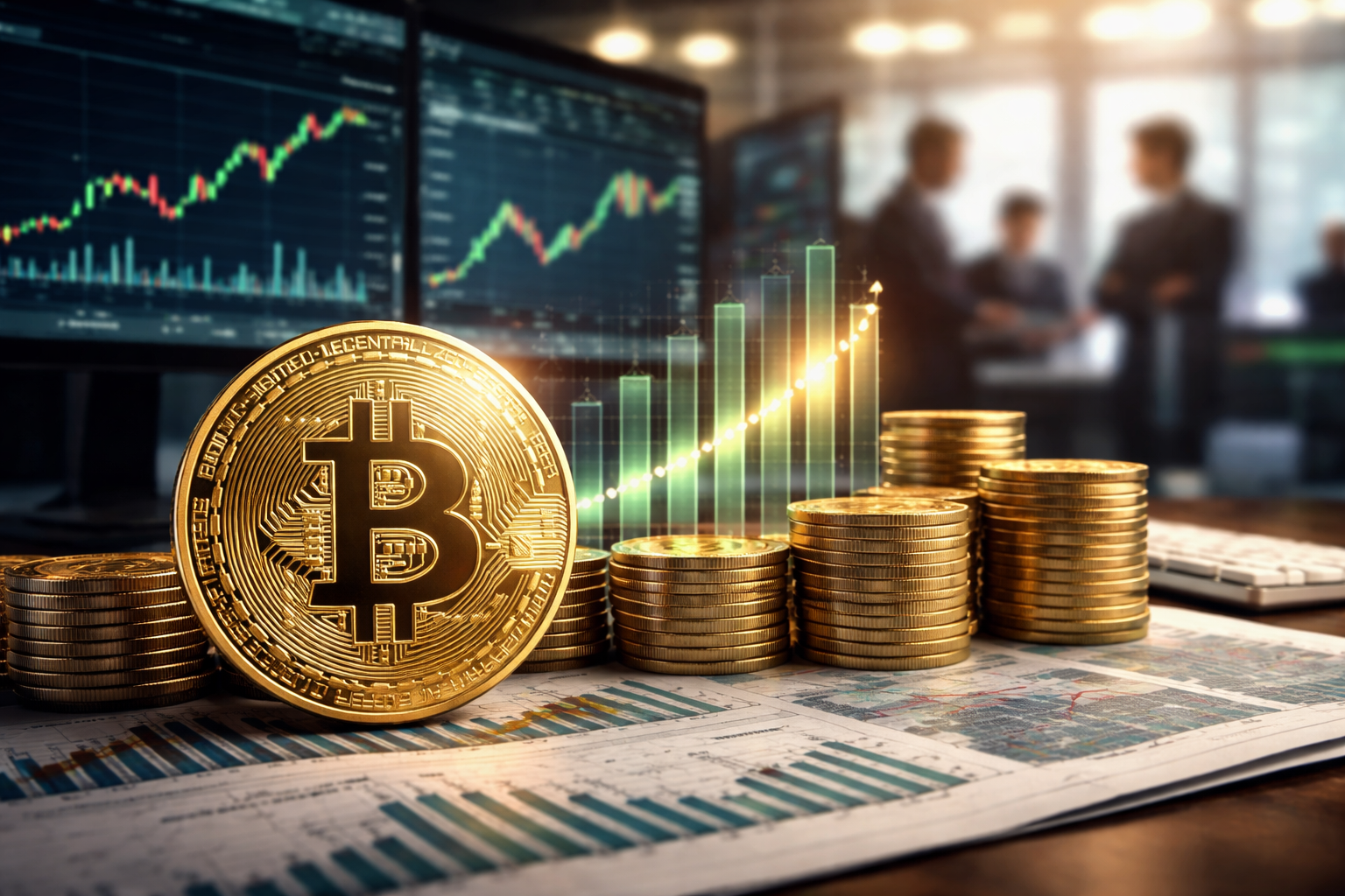 Gold Bitcoin coin and stacked coins on financial documents in a modern trading office, with market charts on large monitors and blurred investment professionals in the background.