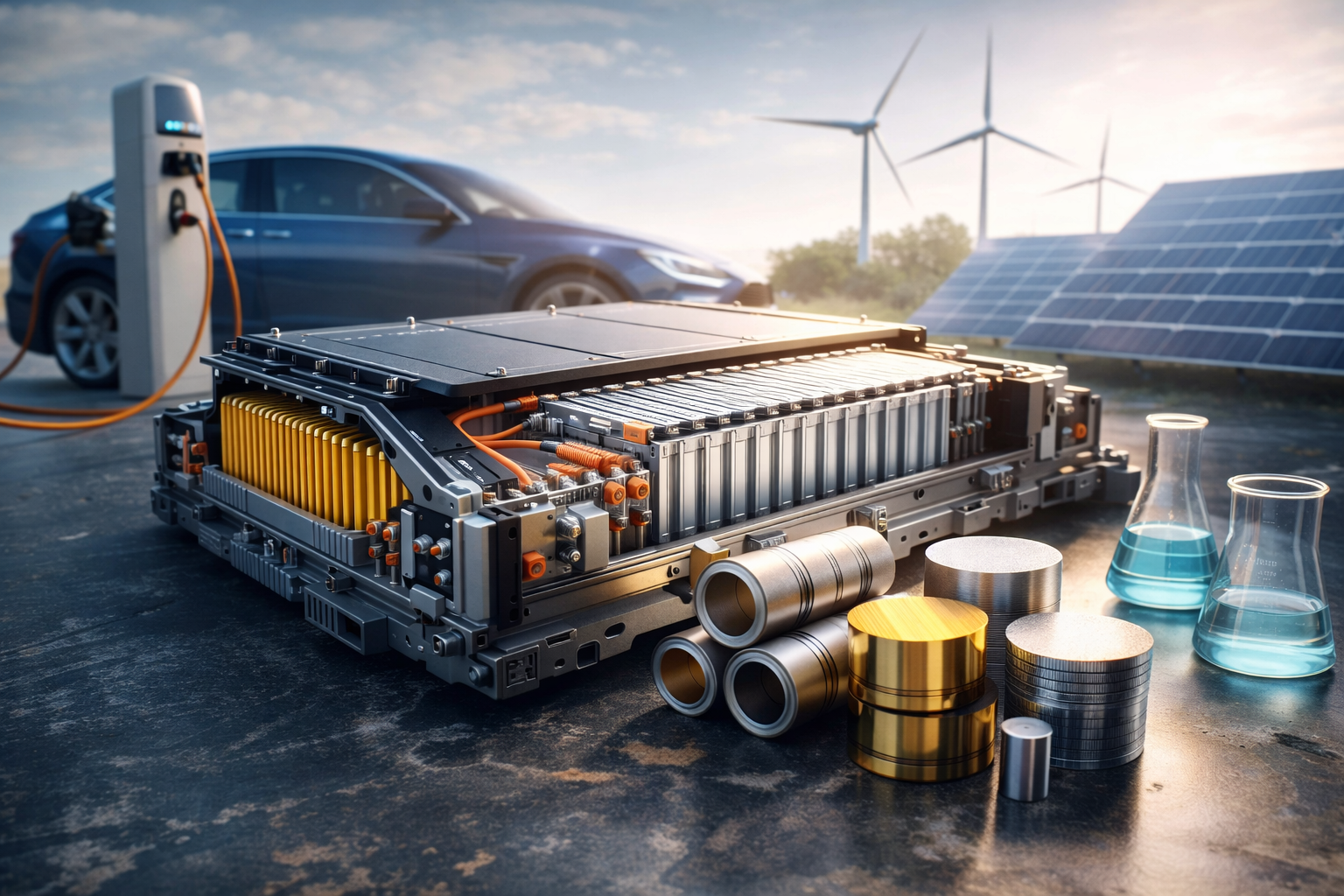 Photorealistic battery pack with exposed cells and advanced metal components in the foreground, with an electric vehicle charging beside solar panels and wind turbines in the background.