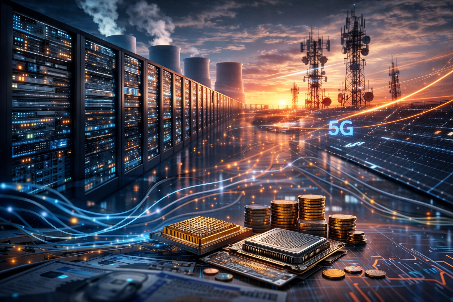 Photorealistic scene of data center servers, telecom towers, fiber-optic light trails, and advanced computer chips arranged in a large-scale digital infrastructure setting at sunset.