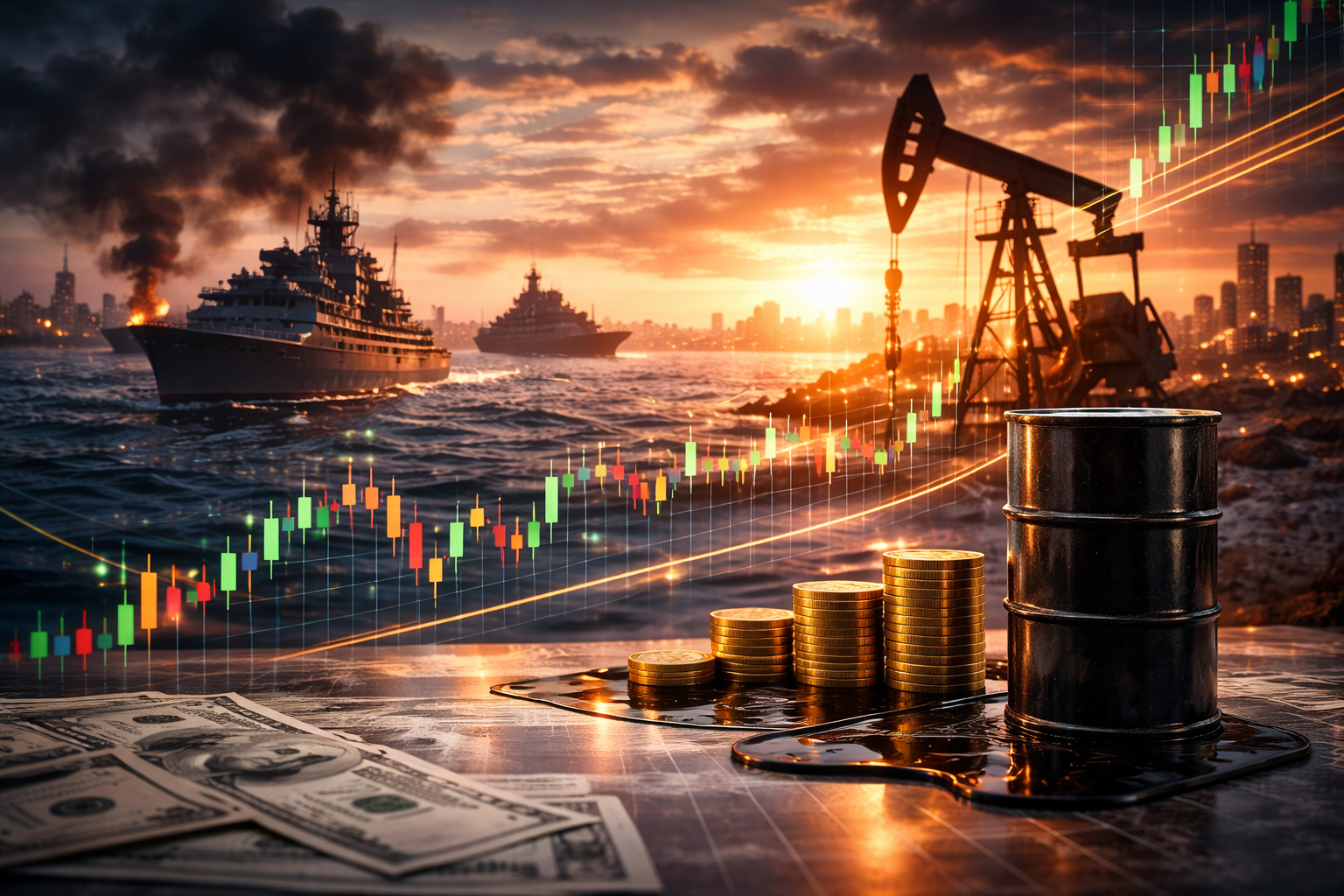 Photorealistic market scene showing an oil barrel, stacked coins, dollar bills, offshore naval vessels, an oil pump jack, and rising financial charts at sunset.