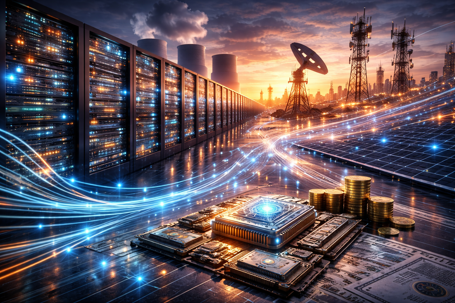 Photorealistic scene of large data center server racks, glowing semiconductor chips, high-speed data light trails, telecom towers, and stacked coins in a futuristic infrastructure setting at sunset.