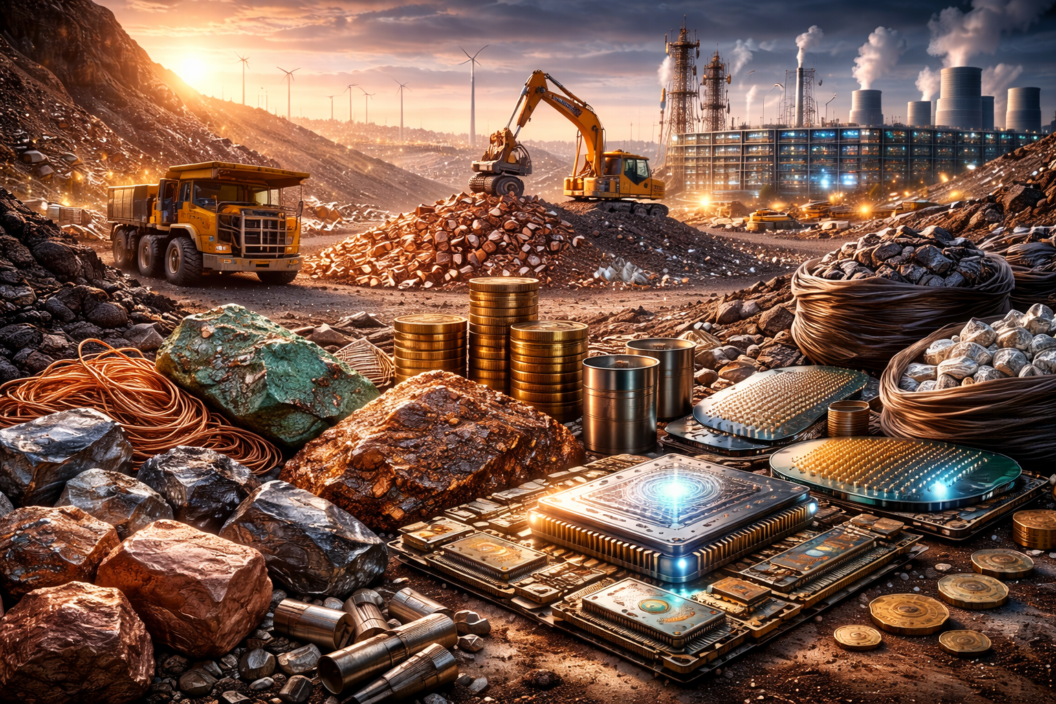 Photorealistic mining and technology scene showing mineral ore, copper wire, industrial equipment, stacked metals, and advanced semiconductor chips in a large extraction and processing environment.