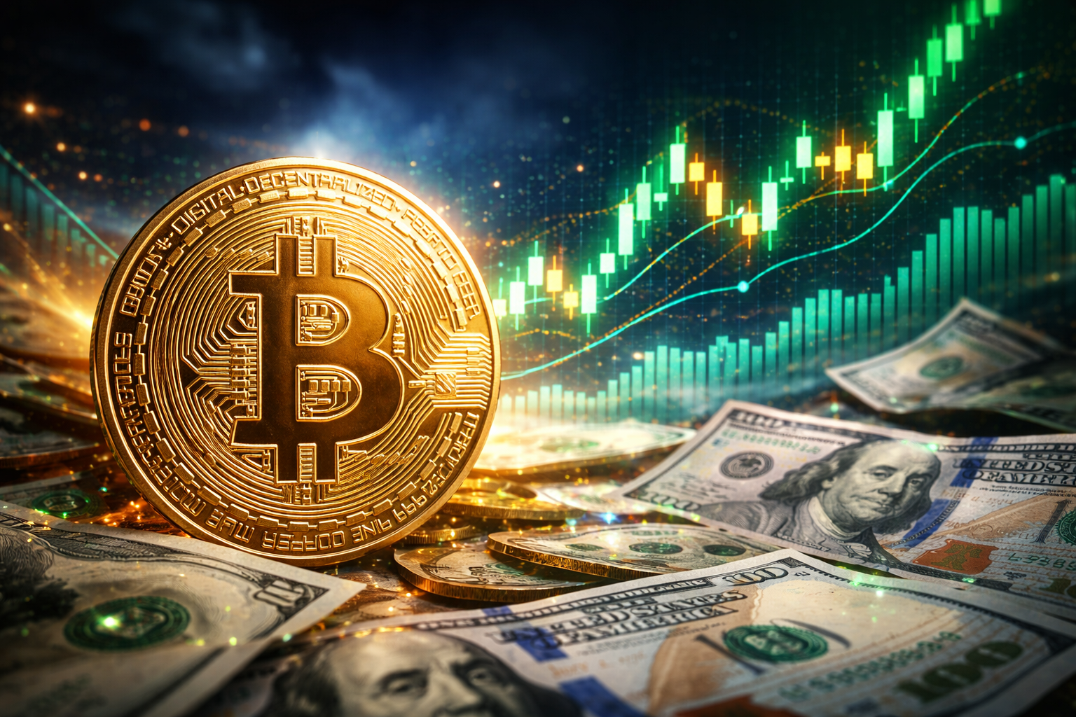 Photorealistic close-up of a Bitcoin coin placed on U.S. dollar bills with a rising market chart glowing in the background, symbolizing a crypto rally driven by improving risk sentiment.