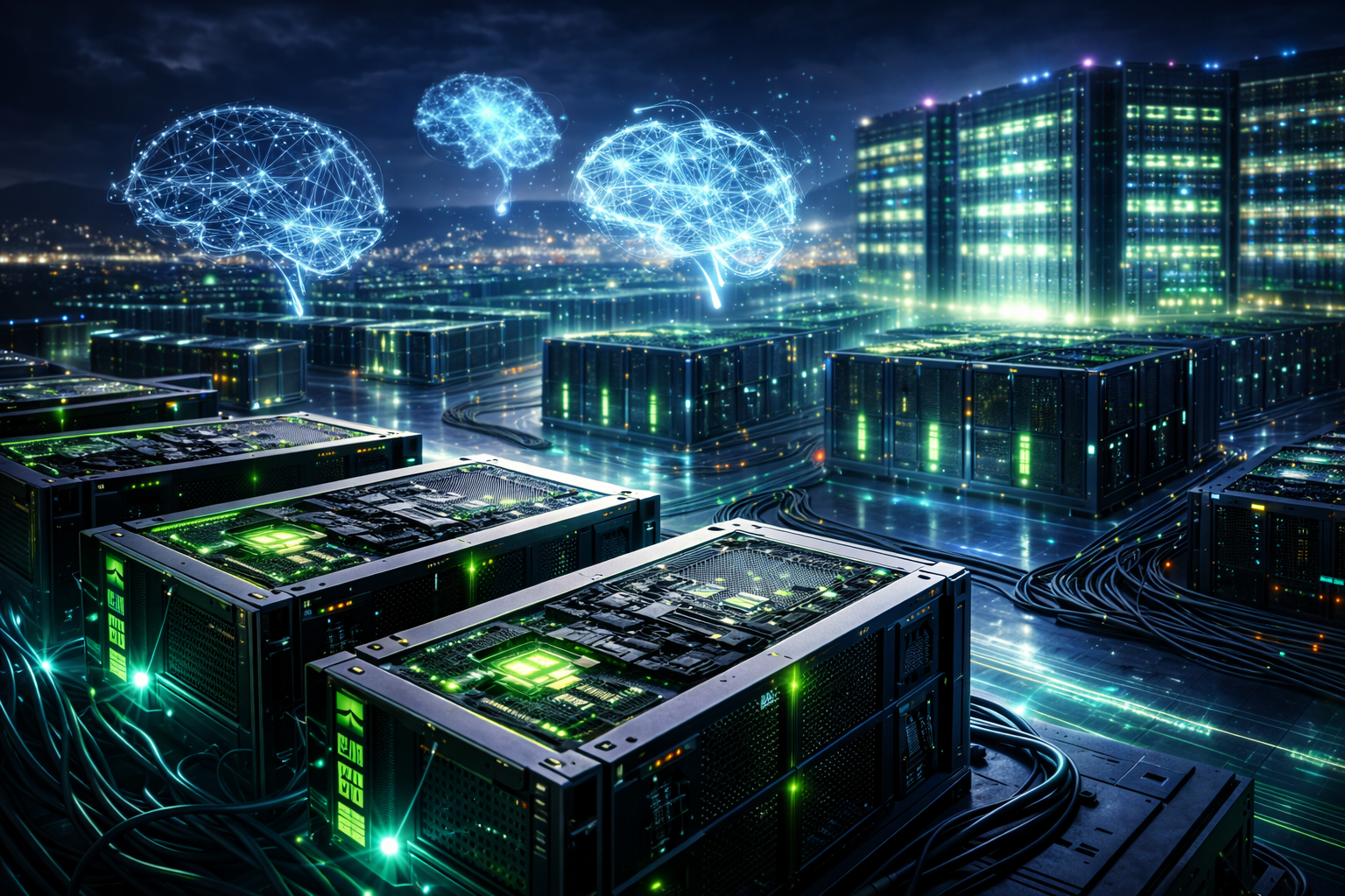 Photorealistic view of a futuristic AI data center with illuminated GPU servers, extensive cabling, and abstract digital neural-network visuals above the facility, symbolizing specialized cloud infrastructure for artificial intelligence.