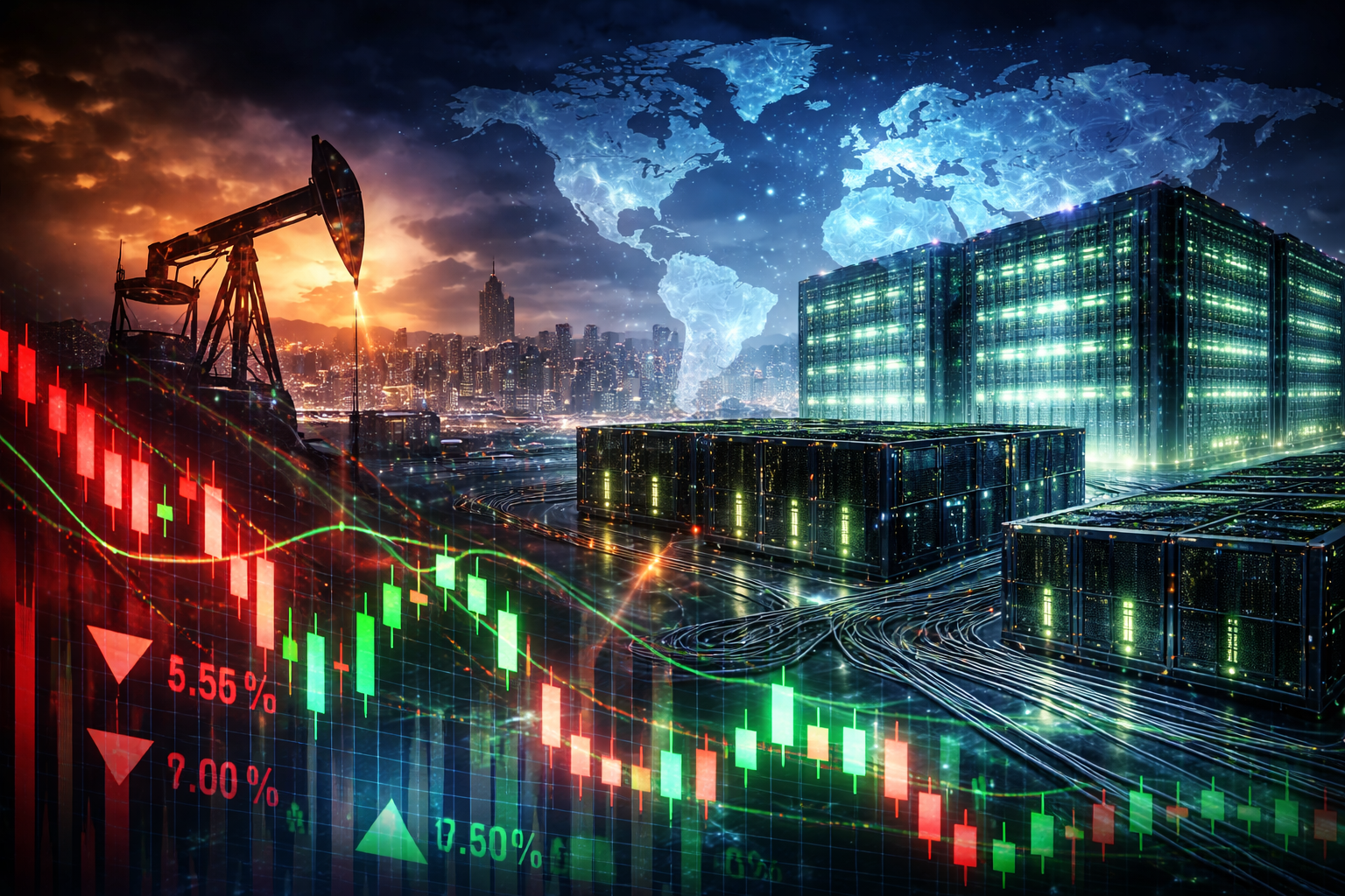 Photorealistic composite of a global market scene featuring a digital world map, falling and rising stock charts, an oil pumpjack silhouette, and a large illuminated AI data center, symbolizing market volatility and technology-driven investment.