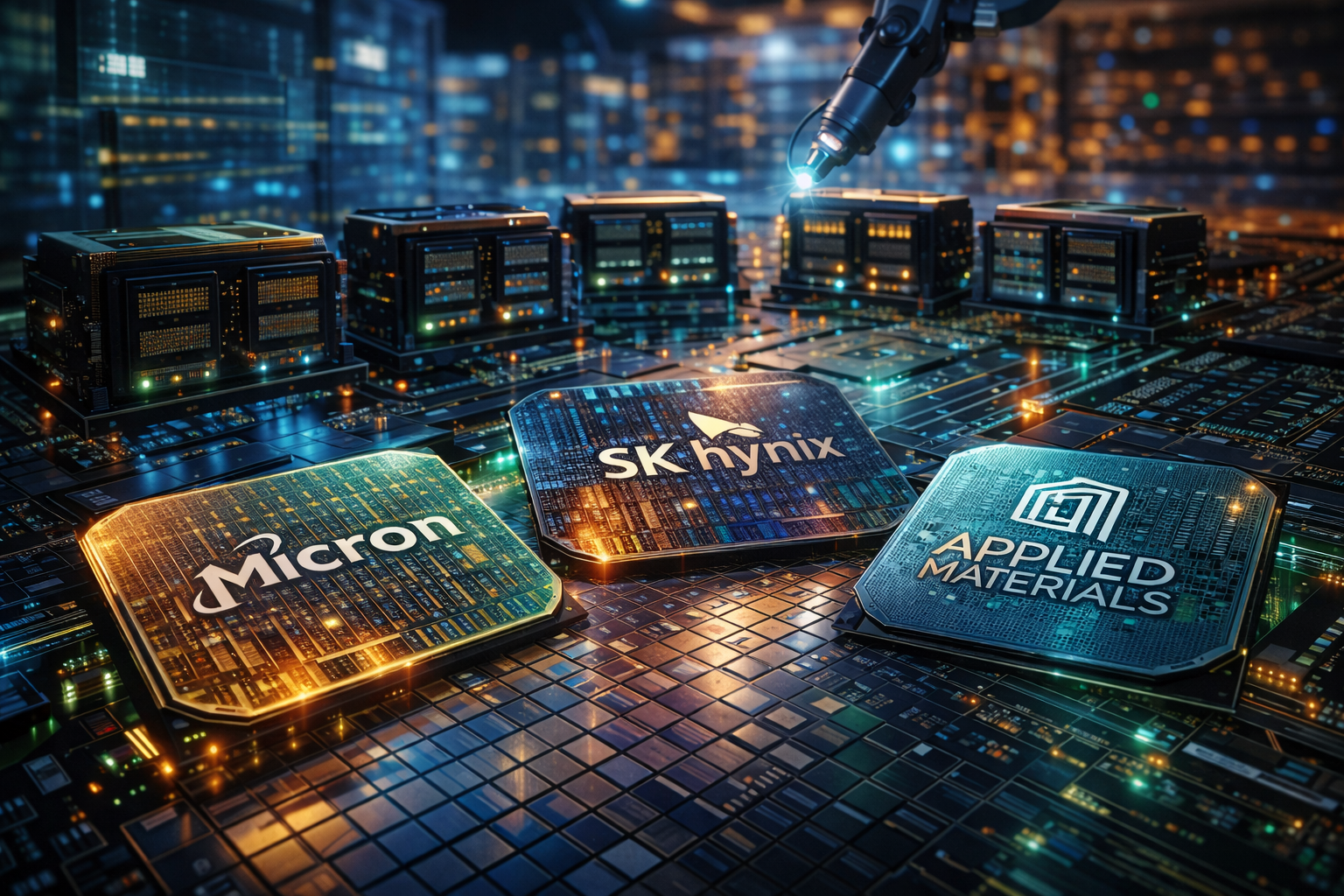 Photorealistic close-up of advanced semiconductor memory chips and packaging components on a circuit board inside a high-tech lab, symbolizing next-generation AI memory development.