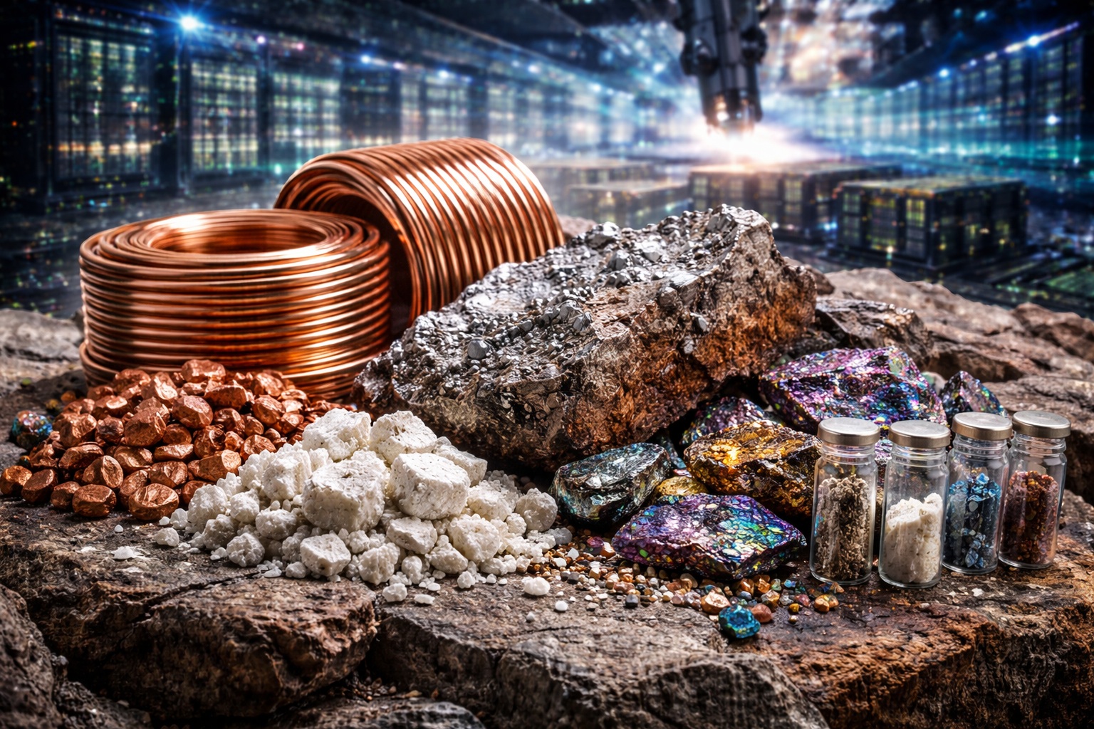 Photorealistic arrangement of copper coils, lithium-rich mineral material, and iridescent rare earth stones in a high-tech industrial setting, symbolizing rising mineral demand from AI infrastructure and semiconductor manufacturing.