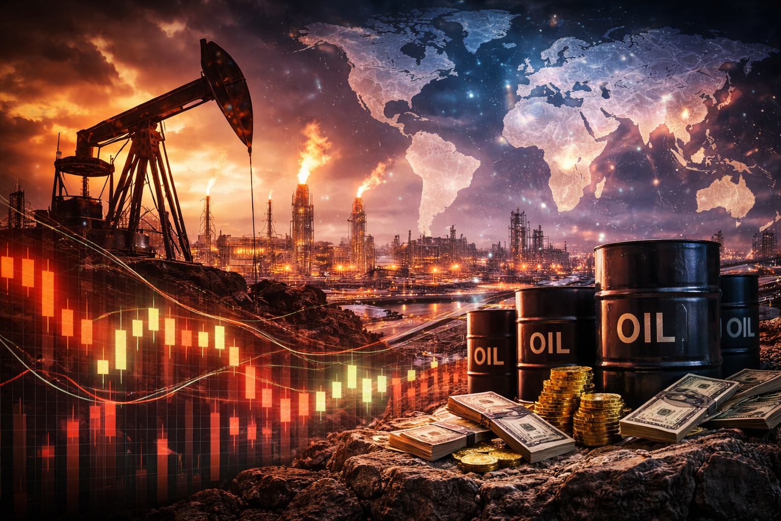 Photorealistic market-themed image showing oil infrastructure and financial market imagery under a tense regional atmosphere, symbolizing the impact of Middle East geopolitical risk on energy prices and investor sentiment.