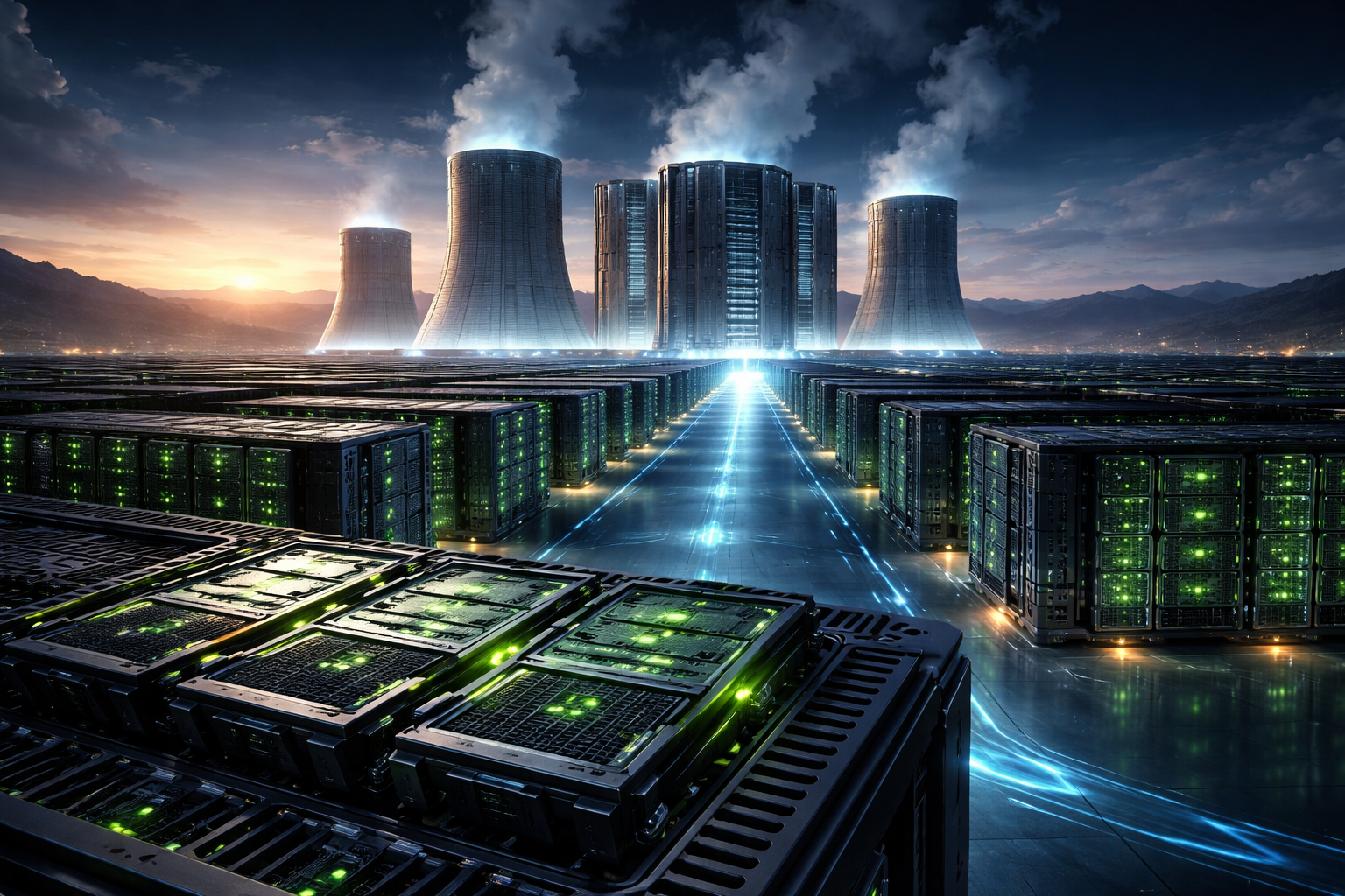 Photorealistic view of a massive AI data center campus at dusk, with rows of illuminated server racks and advanced cooling towers symbolizing large-scale AI compute infrastructure.