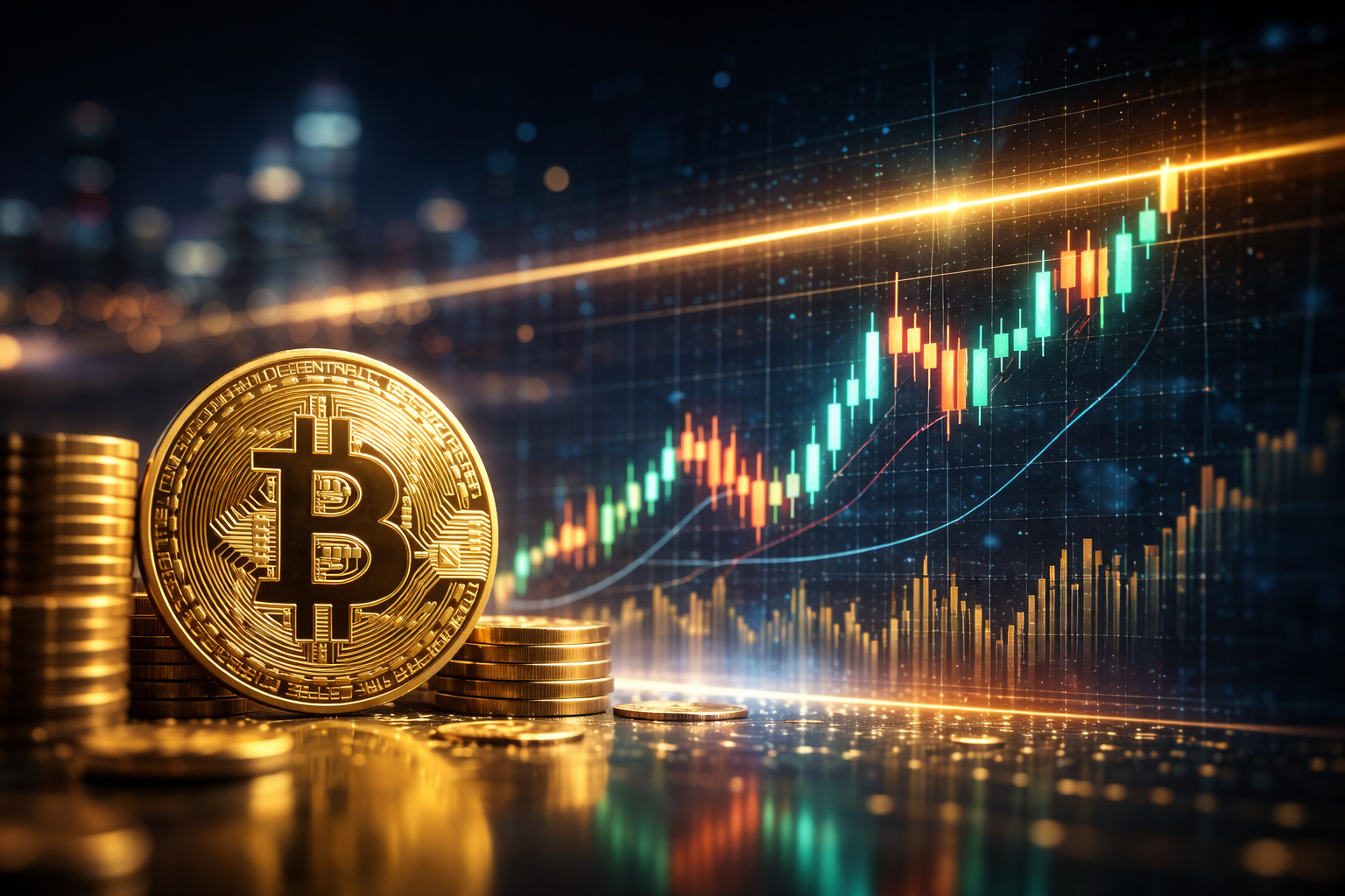 Photorealistic image of a Bitcoin coin and stacked digital tokens in the foreground, with a rising market chart approaching a bright resistance line in the background.