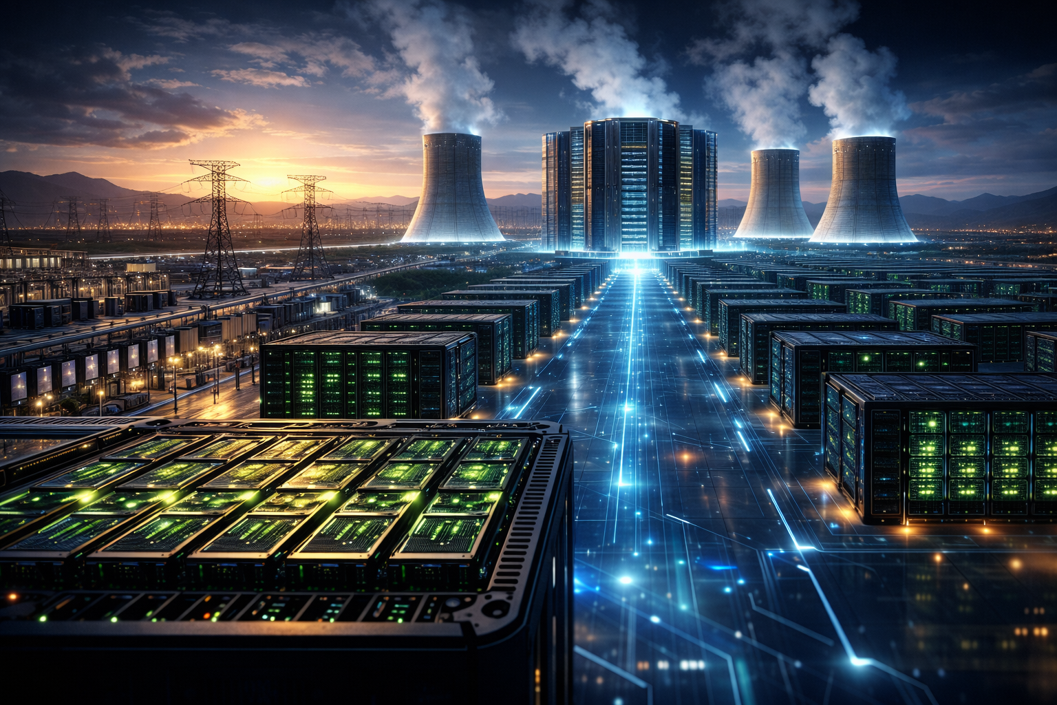 Photorealistic image of a sprawling AI data center campus with illuminated server racks, cooling towers, power lines, and a central high-tech facility at dusk.