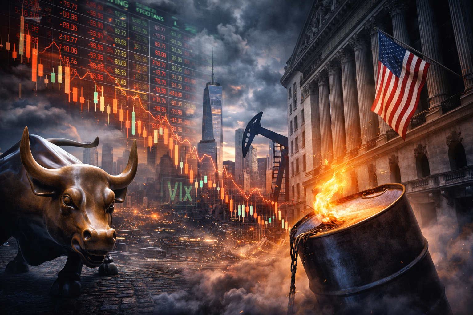 Photorealistic financial scene showing the Charging Bull near the New York Stock Exchange, a falling market chart, an oil barrel with flames, and stormy skies symbolizing market volatility.