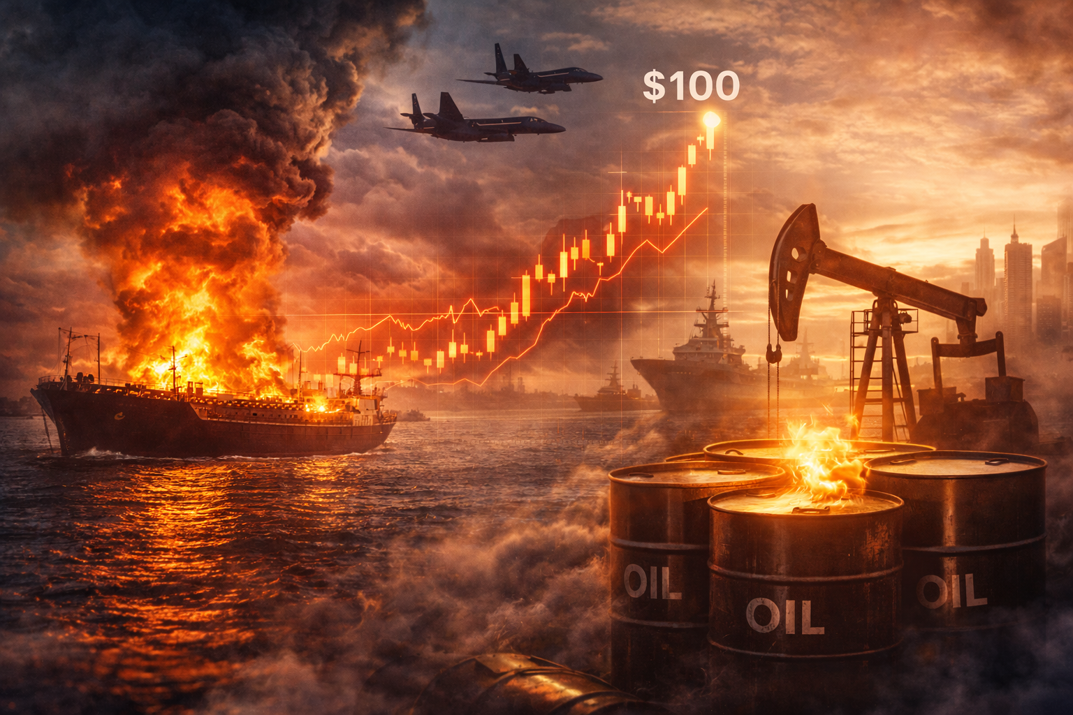 Dramatic photorealistic scene of an oil tanker on fire at sea, oil barrels and a pumpjack in the foreground, and military aircraft overhead, symbolizing geopolitical risk and energy market instability.