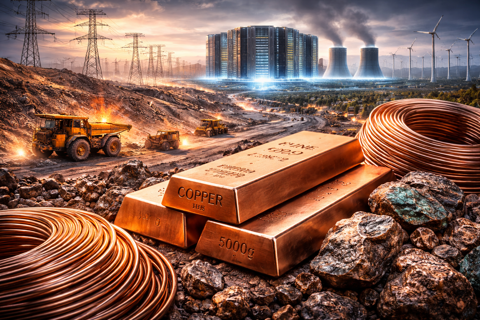 Photorealistic scene of copper bars, coiled copper wire, mined ore, heavy mining trucks, power lines, wind turbines, and a large AI data center in the distance.