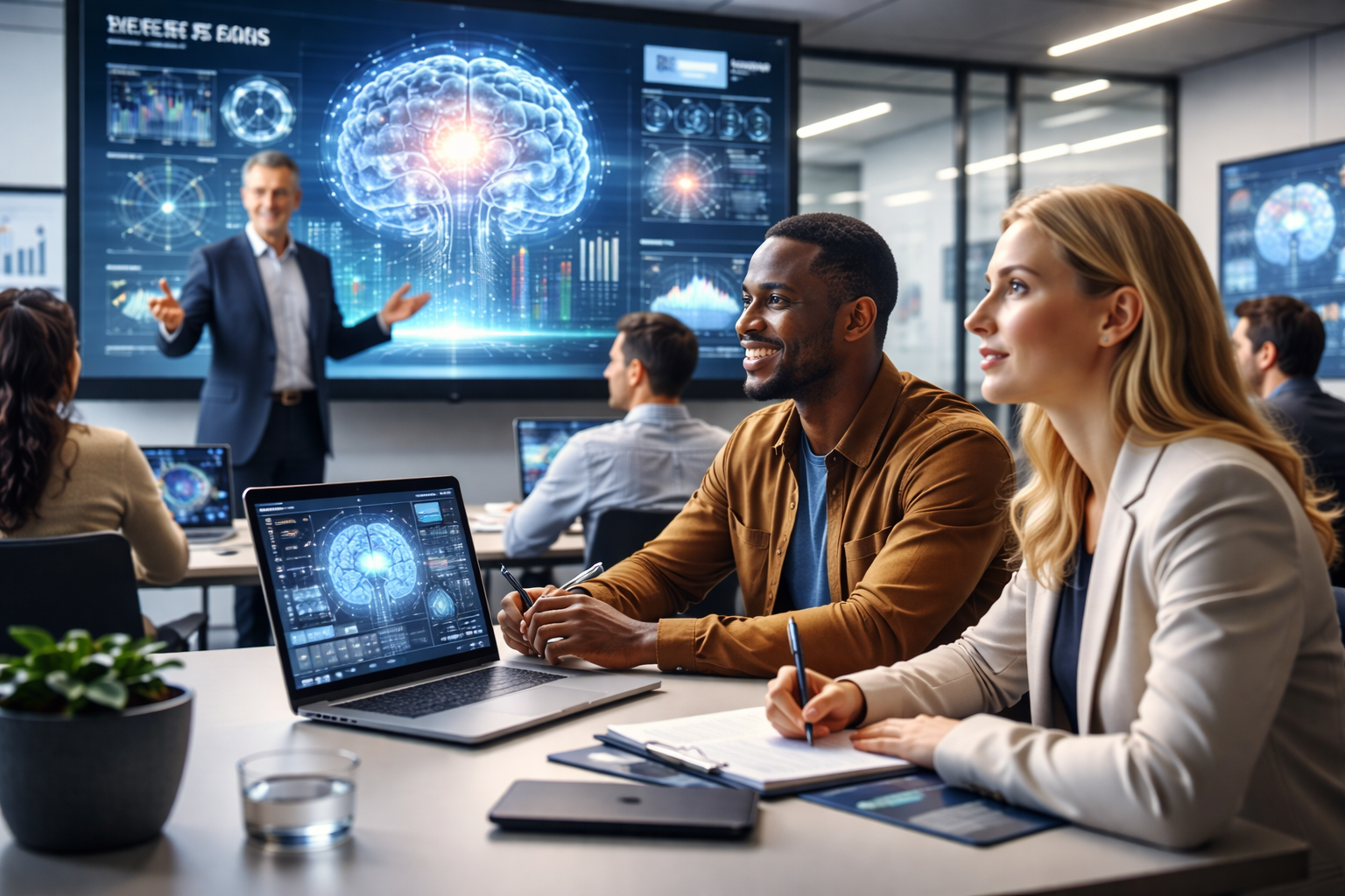 Photorealistic image of business professionals in a modern classroom collaborating with laptops while an instructor presents AI concepts on a large digital screen.