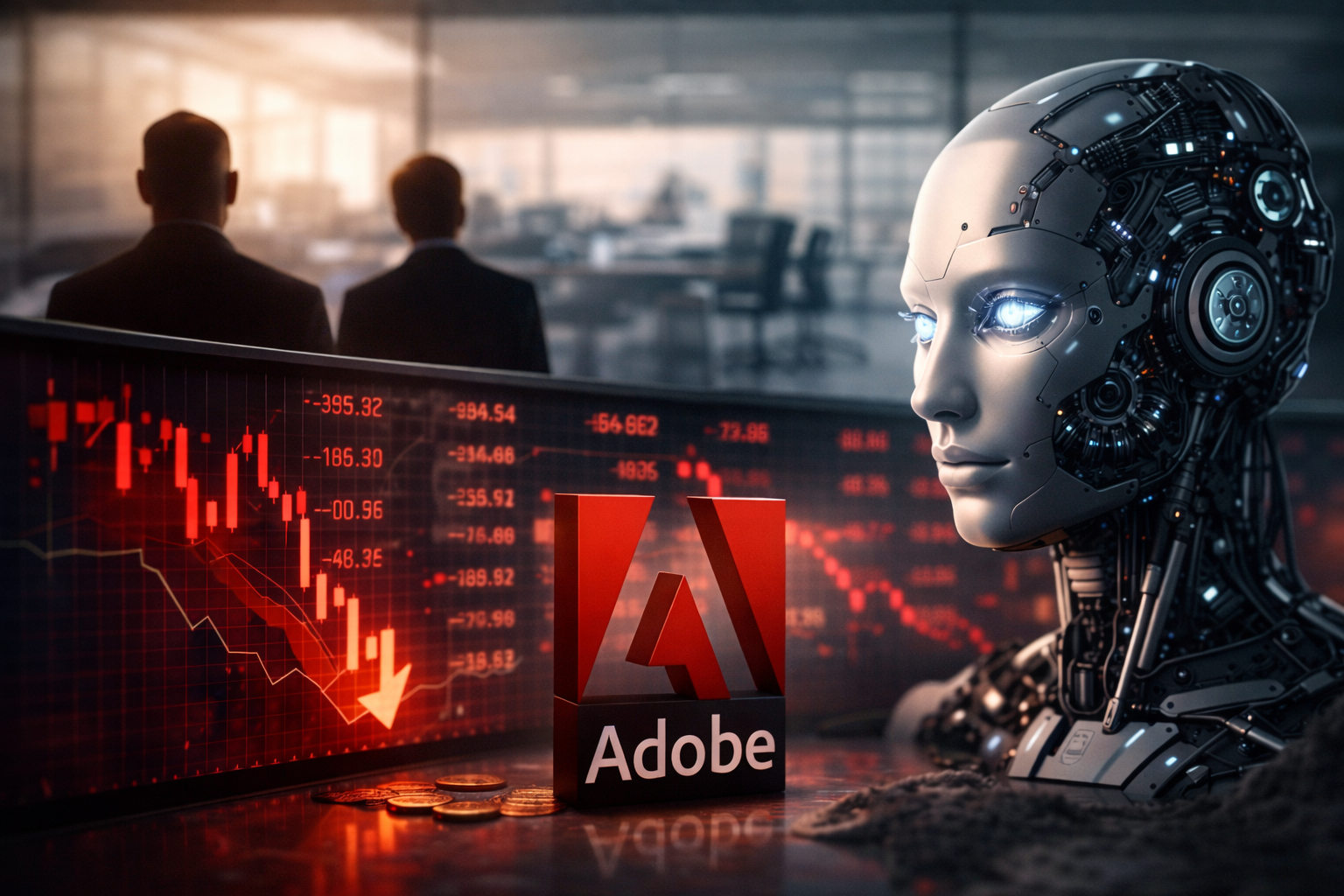 Photorealistic corporate scene showing a humanoid AI figure beside a falling market chart and Adobe branding in a modern office, symbolizing investor concern over the company’s AI strategy.