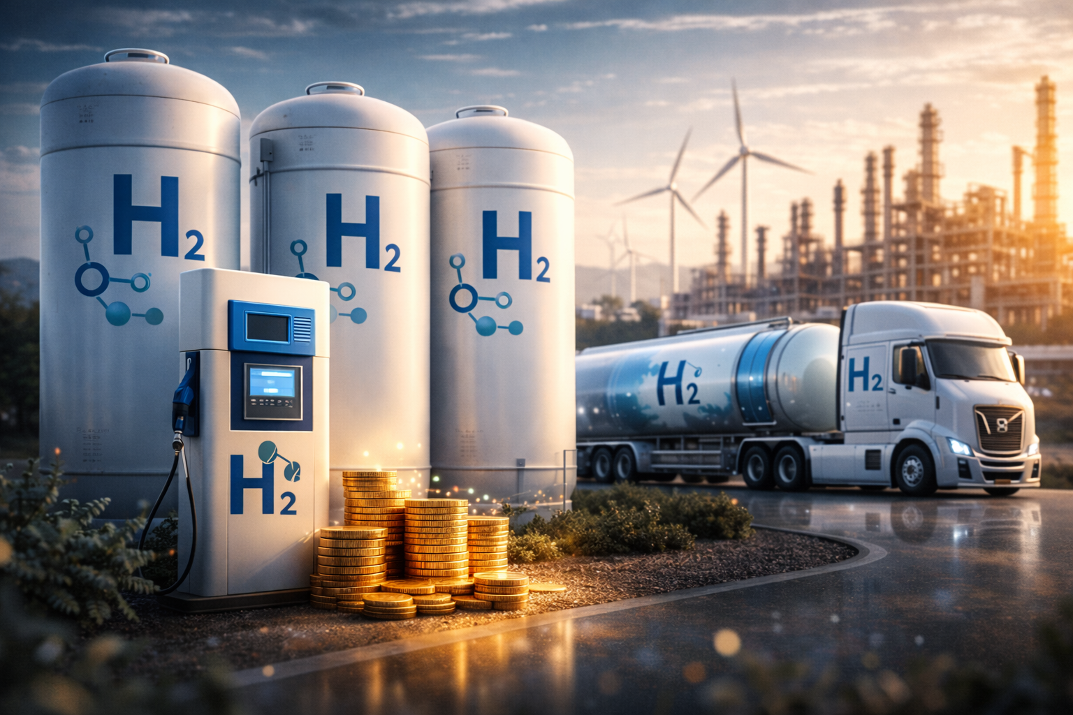 Photorealistic clean energy scene showing large hydrogen storage tanks, a hydrogen fueling station, a hydrogen-powered truck, industrial facilities, and wind turbines, symbolizing major investment in North America’s hydrogen sector.