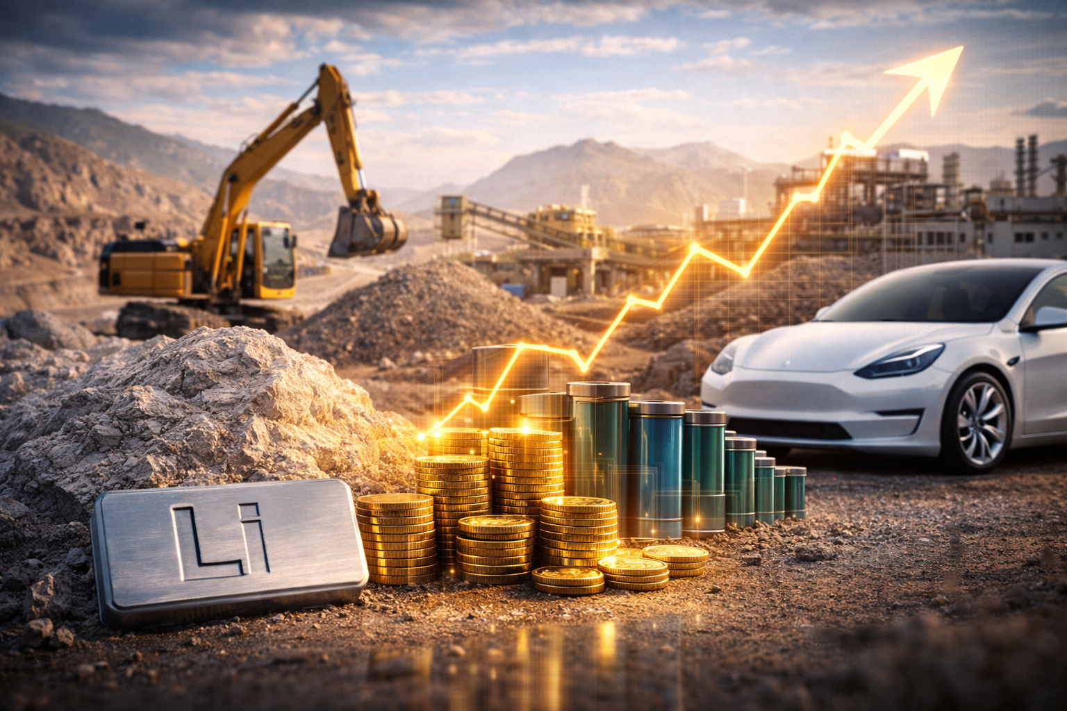 Photorealistic mining scene with excavator, piles of lithium-bearing material, battery cells, stacked coins, and an electric vehicle, symbolizing rising lithium prices and growing EV-driven demand.
