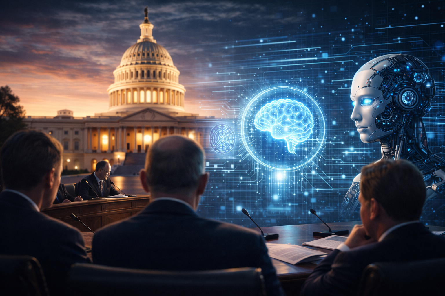Photorealistic scene of the U.S. Capitol at dusk with lawmakers in the foreground facing holographic AI imagery and a humanoid robot, symbolizing congressional debate over artificial intelligence oversight.