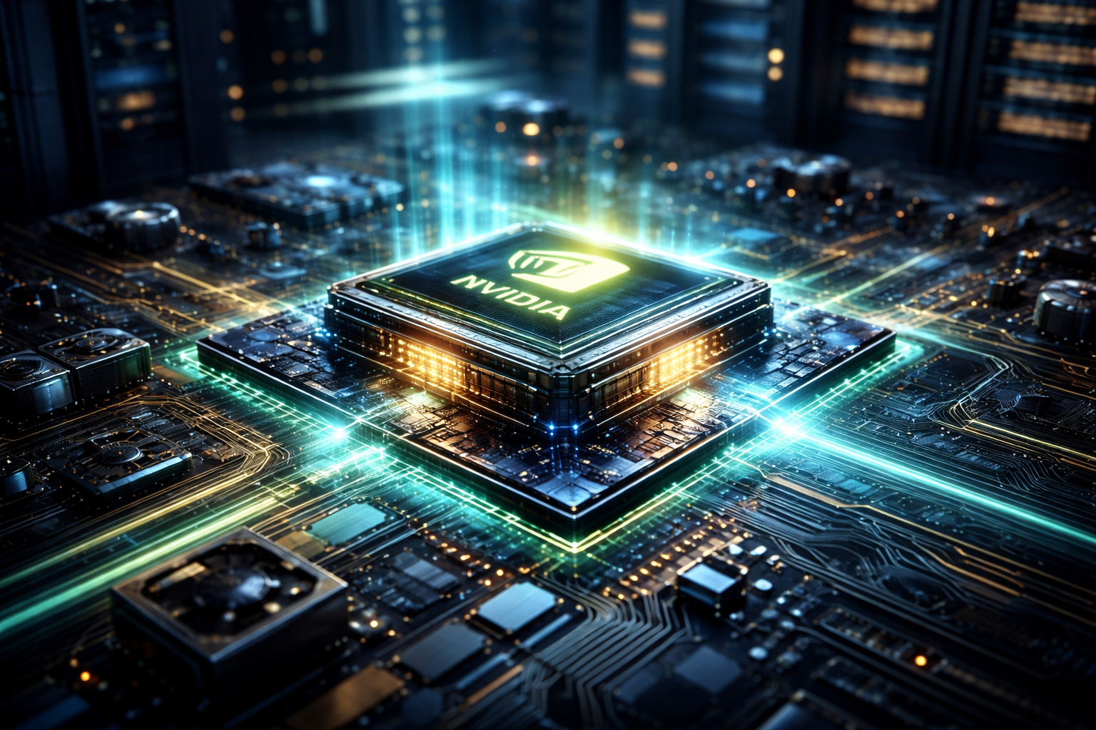 Photorealistic close-up of a high-performance AI processor mounted on a circuit board inside a modern data center, glowing with energy as server racks blur in the background.