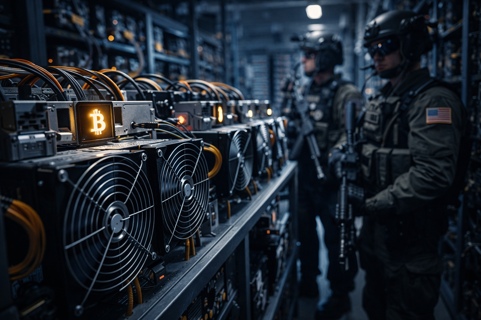 Photorealistic image of industrial cryptocurrency mining machines lined up in a data-center aisle, with security personnel in the background, symbolizing rising U.S. scrutiny of crypto infrastructure and mining supply chains.