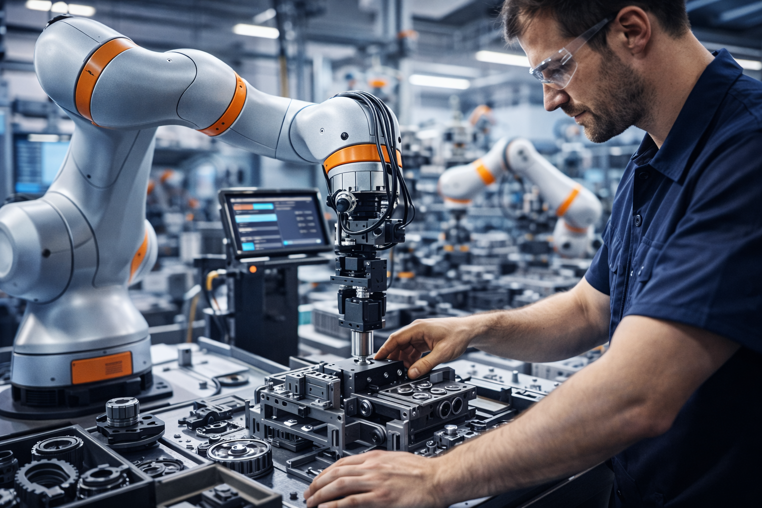 Photorealistic image of a collaborative robot assisting a factory worker on an assembly line in a modern manufacturing facility, symbolizing the growing adoption of automation by small and mid-sized businesses.