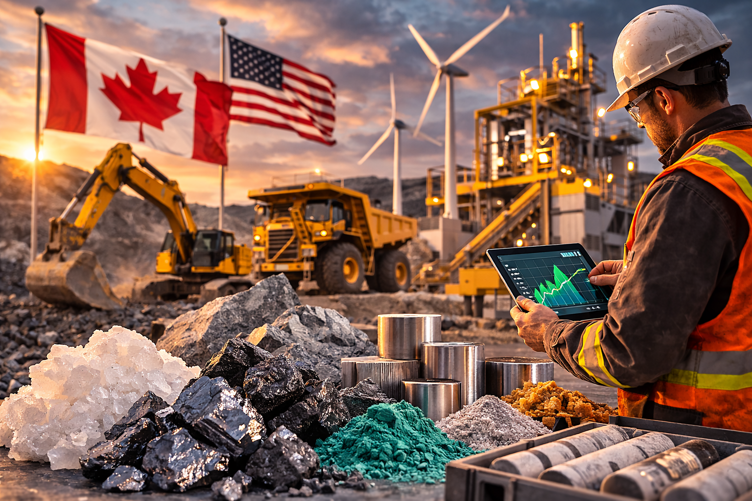 Photorealistic image of a North American mining site with mineral samples in the foreground, heavy equipment in an open pit, and U.S. and Canadian flags suggesting strategic cooperation on critical mineral supply chains.